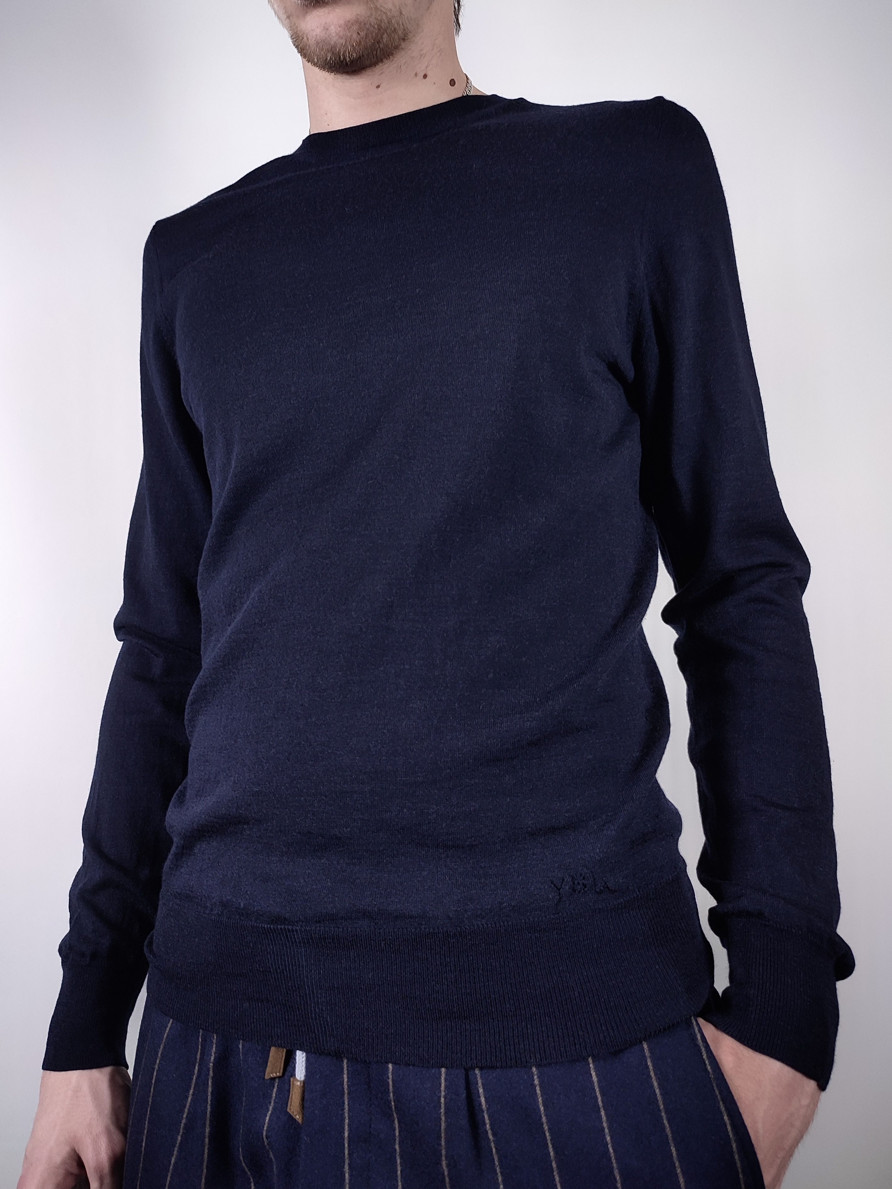 image of Saint Laurent Paris x YVES Saint Laurent YSL Logo Wool Knit Jumper Sweater in Dark Blue (Size Mediu