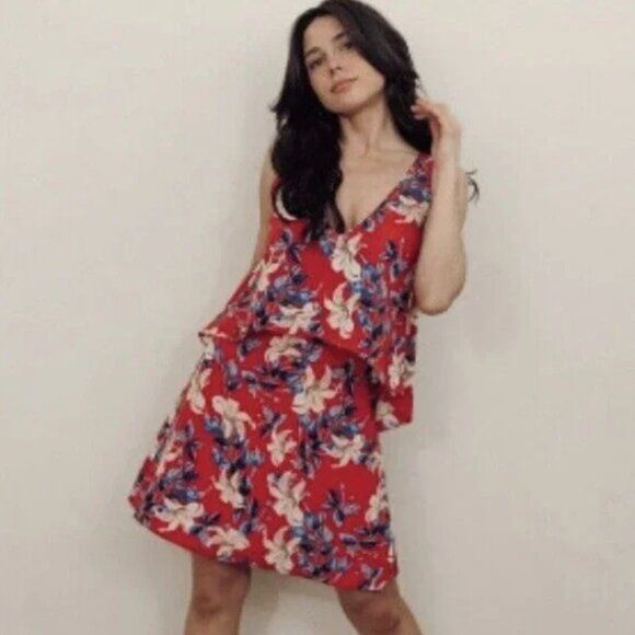 INTERMIX Intermix Silk Dress L Lisette Floral Open Back Flounce Red Size L / US 10 / IT 46 - 3 Thumbnail