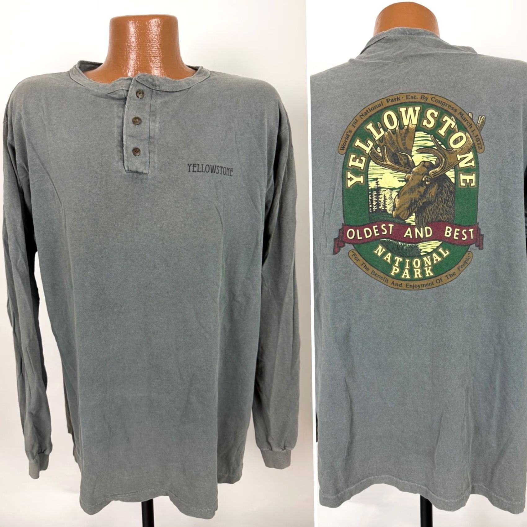 Vintage VINTAGE Yellowstone National Park Henley T-Shirt Men L Gray Moose Nature USA 90s Klondike Size US L / EU 52-54 / 3 - 2 Thumbnail