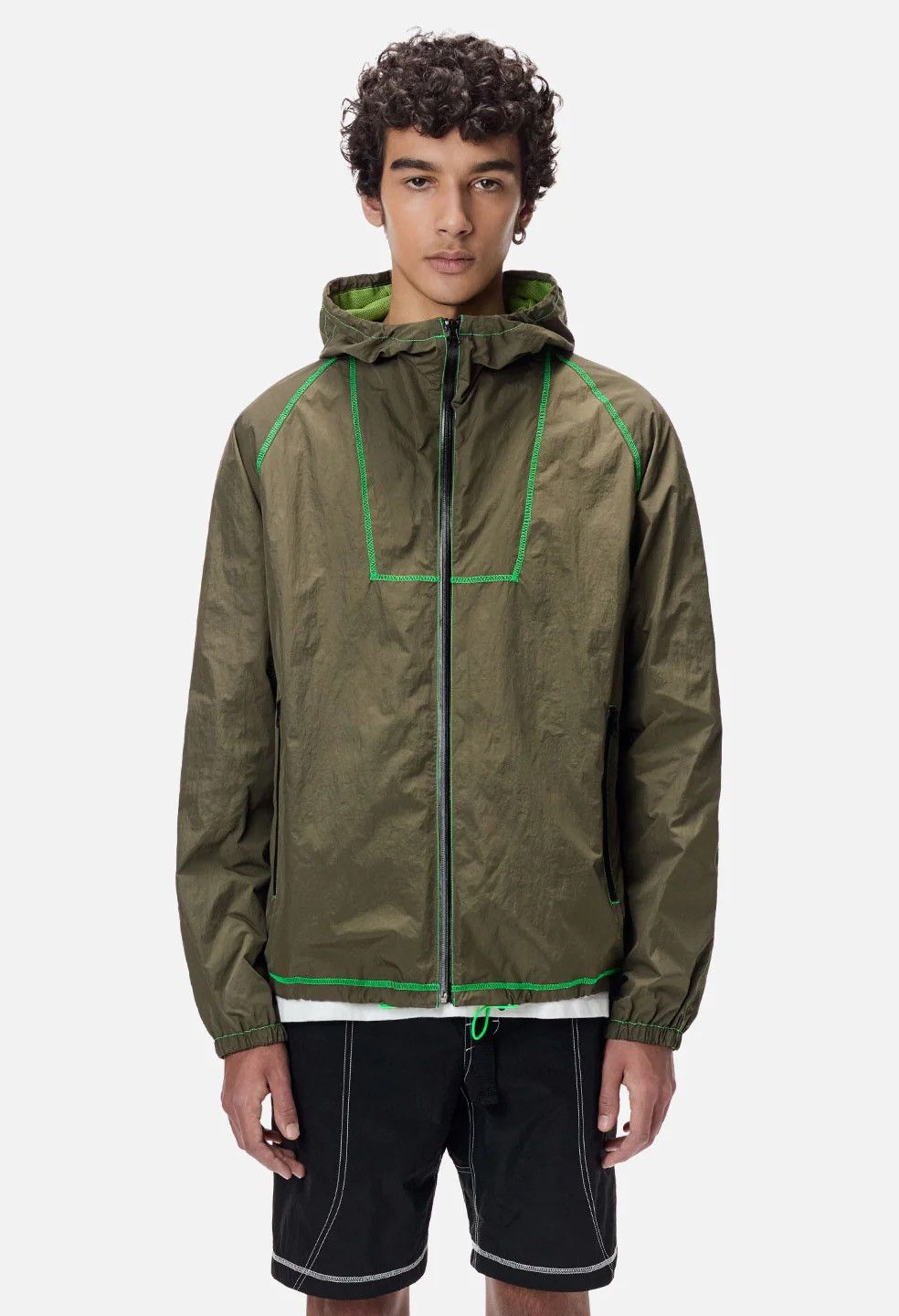 image of John Elliott High Shrunk Nylon Full Zip Olive X Neon Green, Men's (Size XL)