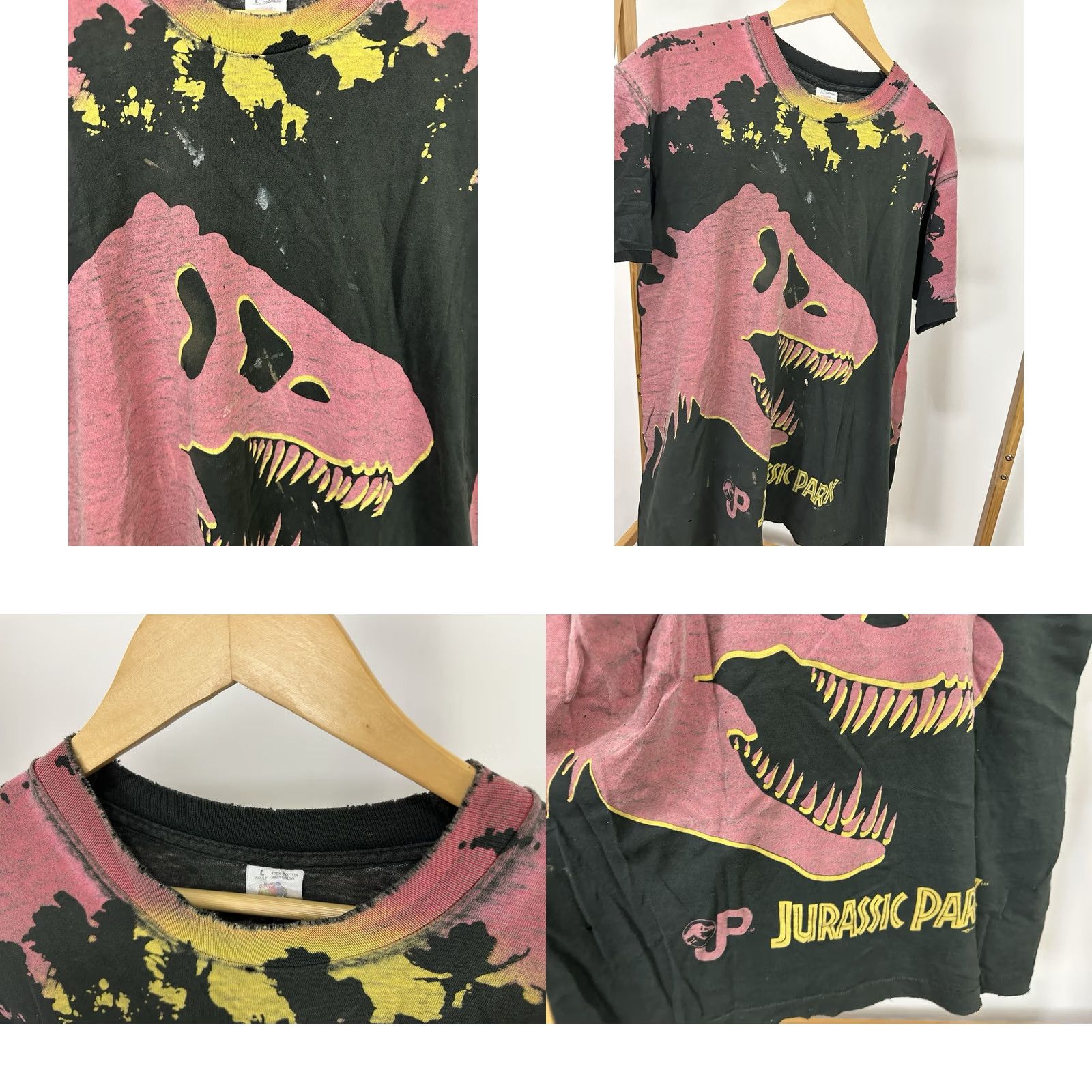 Fruit Of The Loom VTG 90s Jurassic Park T Rex Movie Promo AOP Faded Thrashed T-Shirt Size L Mens Black Shirt Distressed Dinosaur Movie Promo T-Shirt 90s Size US L / EU 52-54 / 3 - 8 Thumbnail