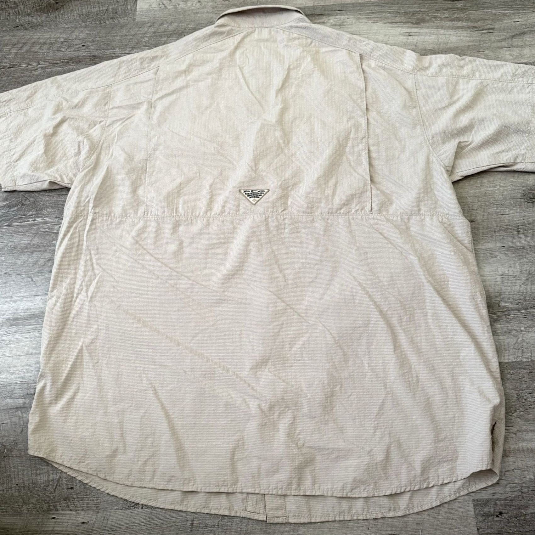 Vintage Columbia PFG Fishing Shirt Mens XL Tan Striped Short Sleeve Vented Light Poly Size US XL / EU 56 / 4 - 5 Thumbnail