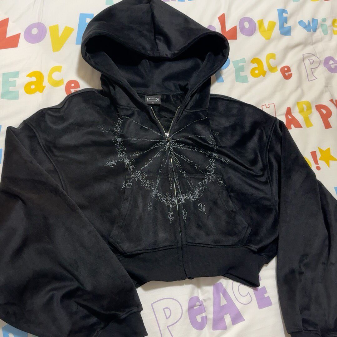 Japanese Brand Velvet Black Cropped Zip Up Hoodie size L Size L / US 10 / IT 46 - 1 Thumbnail