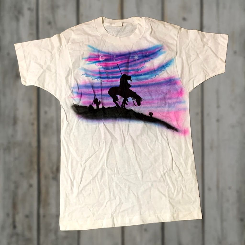 Fruit Of The Loom VINTAGE 90s Fruit of the Loom Southwestern Wolf Horse Spray Art Single Stitch T Shirt Adult Medium White Mens Size US M / EU 48-50 / 2 - 1 Thumbnail