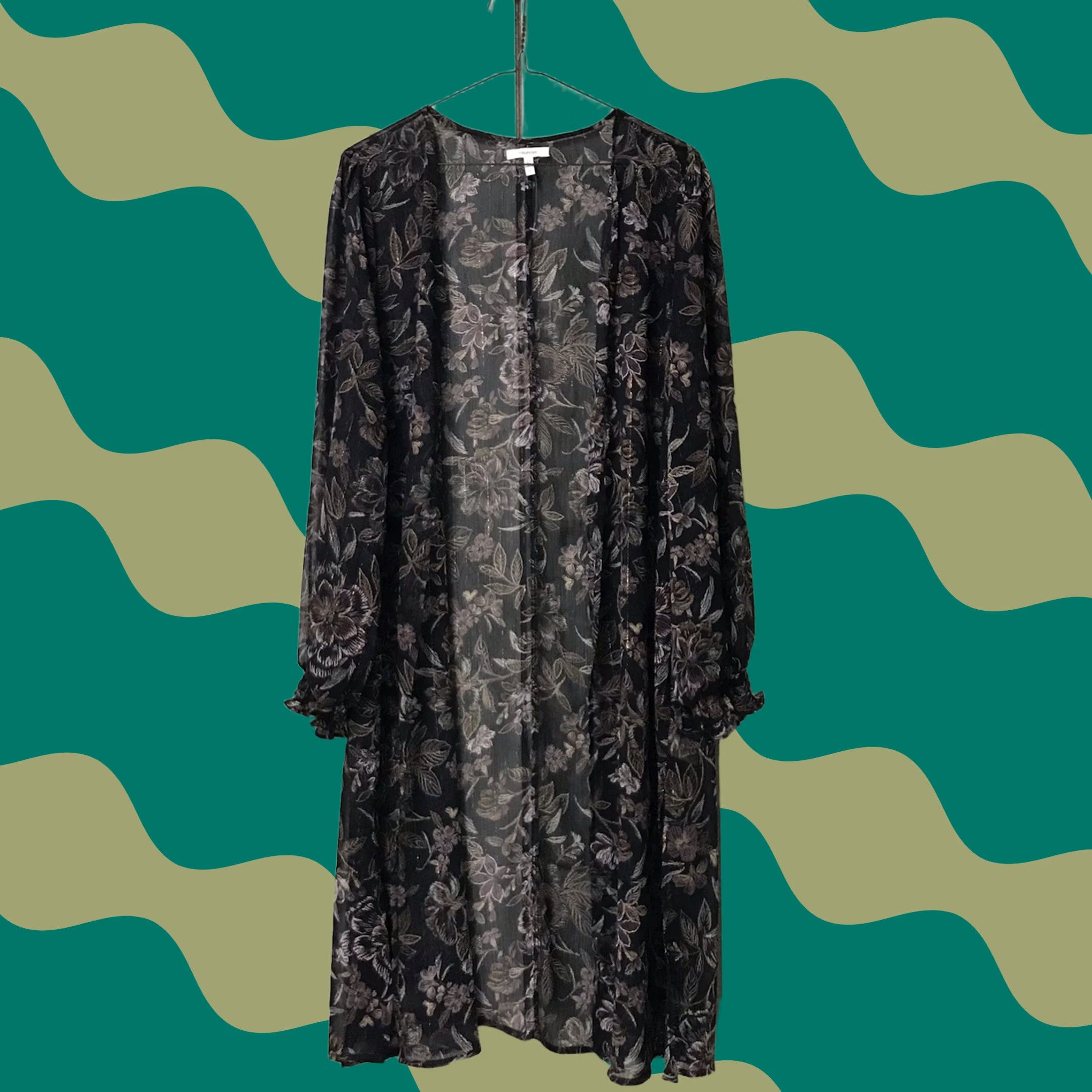 Vintage Maurices Women Black Floral Sheer Open Long Sleeve Duster Kimono Cardigan S Size S / US 4 / IT 40 - 1 Thumbnail