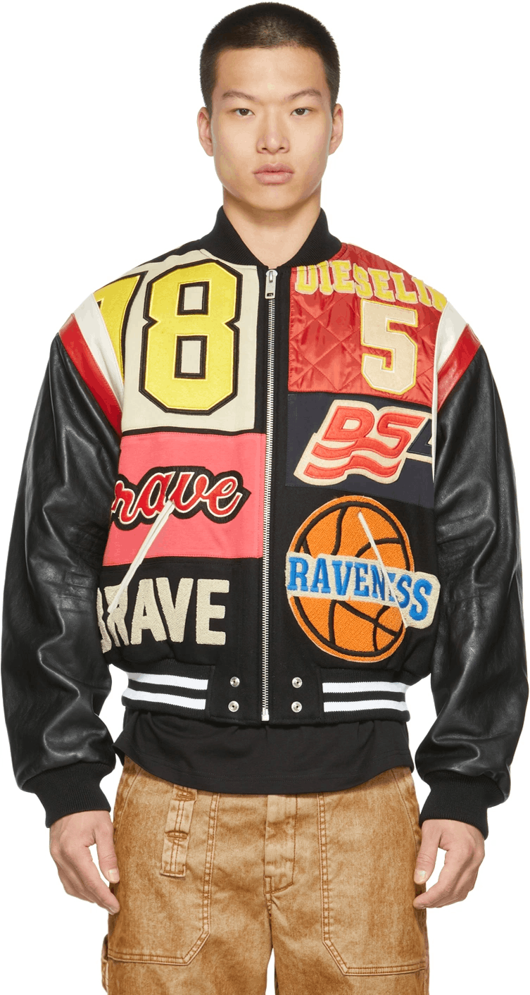 Diesel L-Keir Patchwork Black & Multicolor Varsity Bomber Jacket XL Size US XL / EU 56 / 4 - 1 Thumbnail