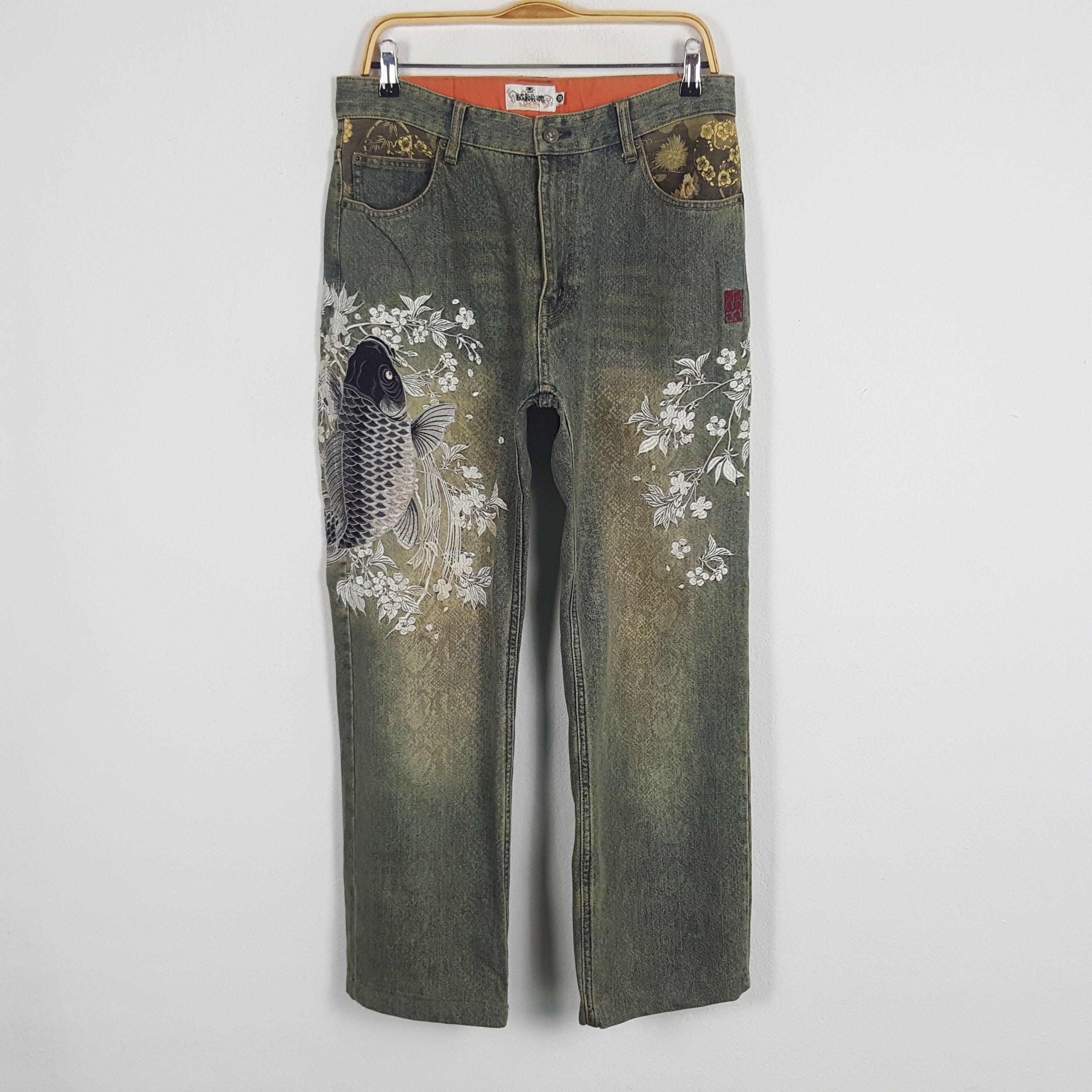 Japanese Brand × Vintage Vintage Karakuri Sukajan Traditional Denim Jeans Size US 31 - 1 Thumbnail