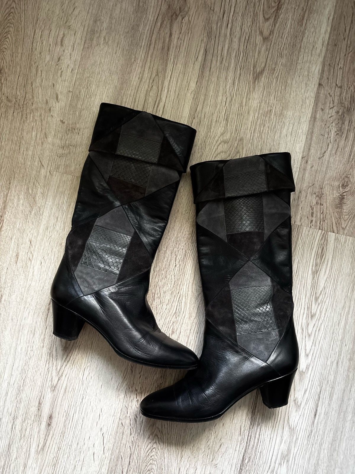 Bally Vintage Bally Patchwork Leather Knee High Boots Black Size US 6.5 / IT 36.5 - 1 Thumbnail