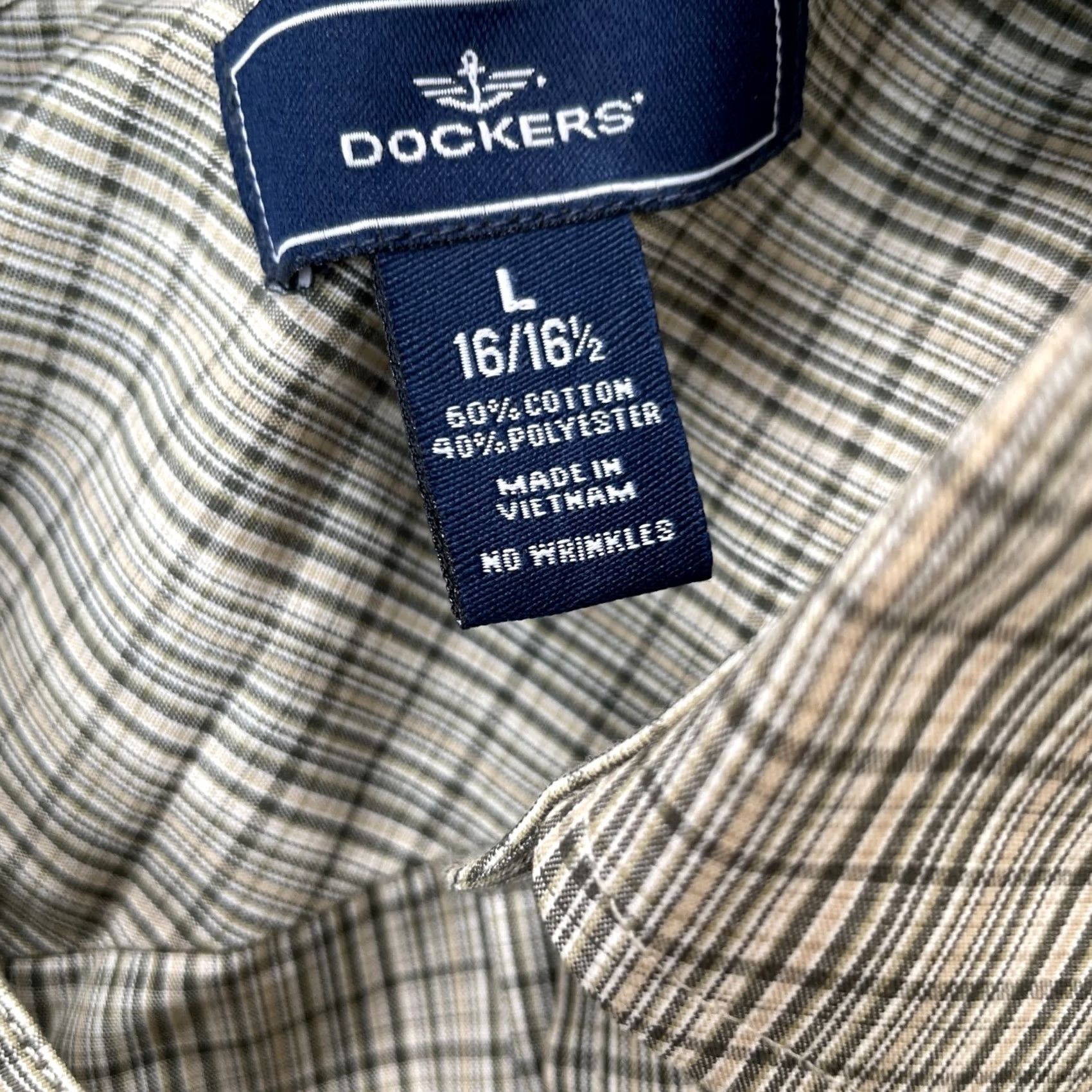 Dockers DOCKERS Shirt Mens L Beige Plaid Button-Down Wrinkle Resistant Cotton Polyester Casual Workwear Knit Bagged Box Back No Wrinkles Size US L / EU 52-54 / 3 - 7 Thumbnail
