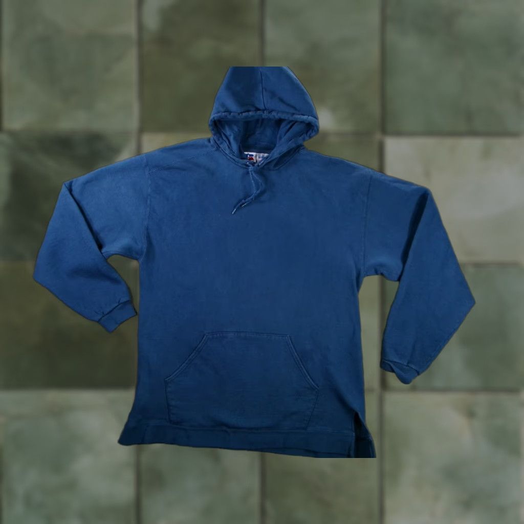 Russell Athletic VINTAGE Russell Athletic Hoodie Mens M Heavy Cotton Fleece Pullover Blue Kangaroo Pocket Size US M / EU 48-50 / 2 - 1 Thumbnail