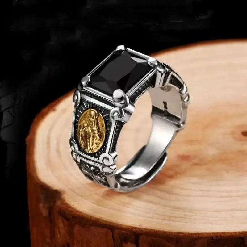 Jewelry × Vintage Vintage Silver Plated Black Zircon Virgin Mary Ring Size ONE SIZE - 1 Thumbnail