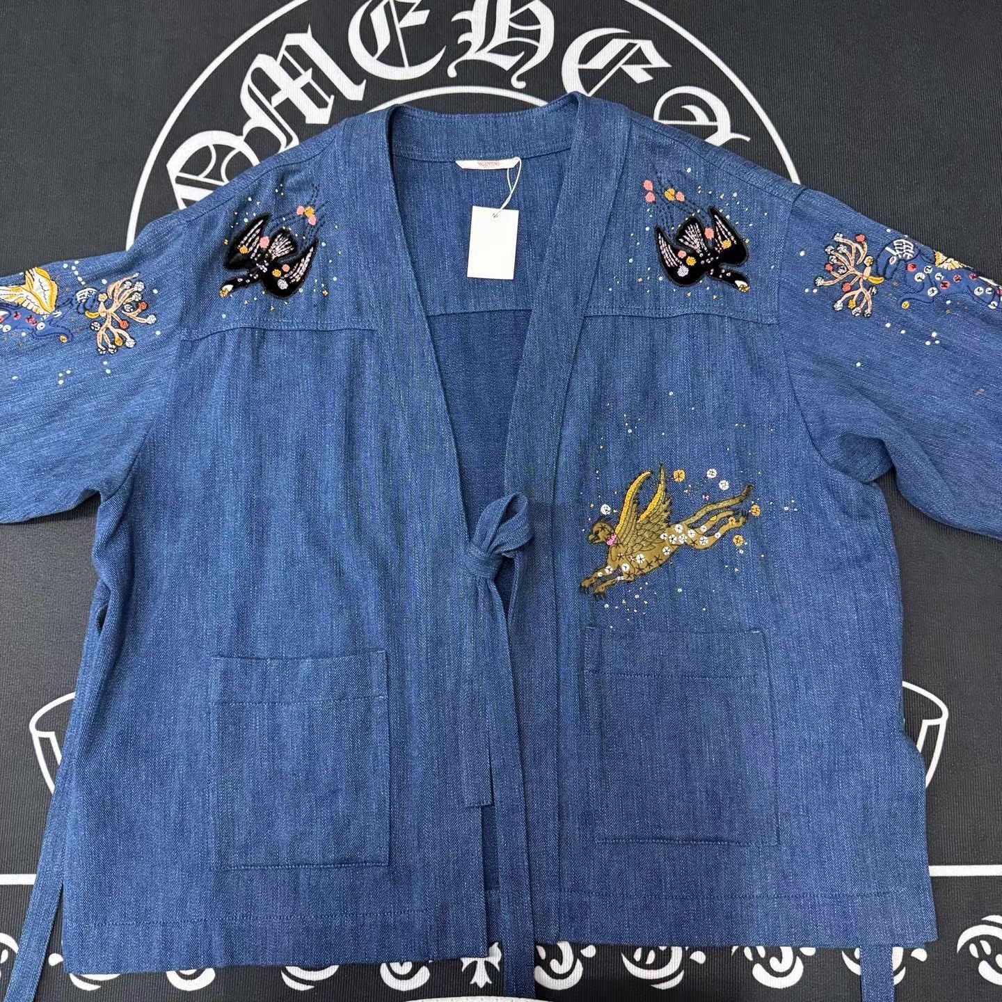 Valentino Blue Embroidered Short Sleeve Wrap Top Size US XL / EU 56 / 4 - 1 Thumbnail