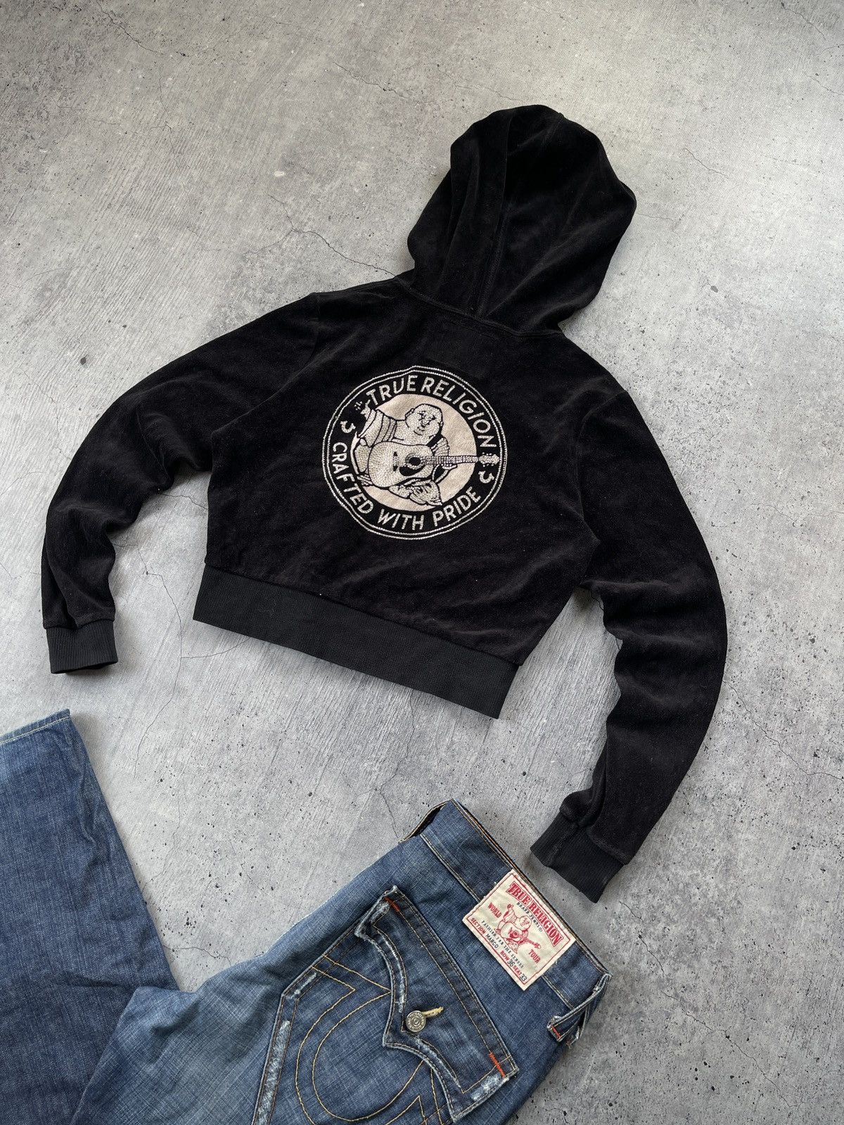 True Religion × Vintage VINTAGE TRUE RELIGION VELOUR Y2K ZIP UP HOODIE Size L / US 10 / IT 46 - 1 Thumbnail