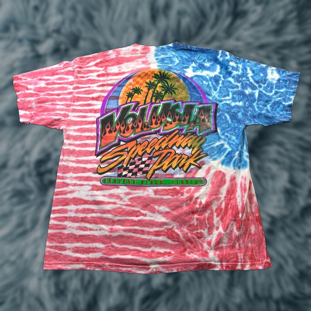 Fruit Of The Loom VINTAGE Fruit of the Loom Racing Shirt Mens XL Orange All Over Print Graphic Tie Dye T-Shirt Cars Grunge 90s Mens Size US XL / EU 56 / 4 - 1 Thumbnail