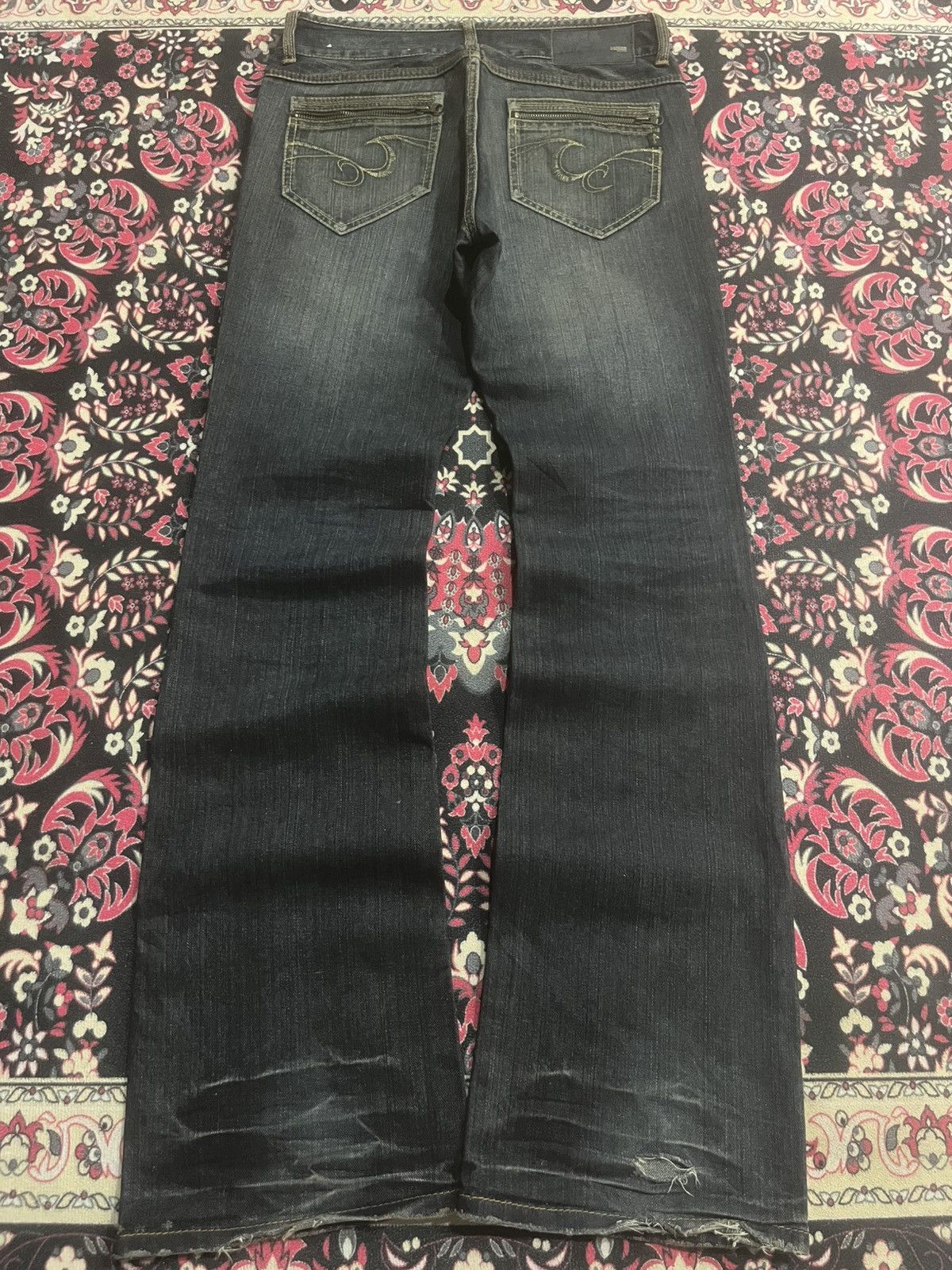 14th Addiction Japanese Custom Culture Dark Washed Distressed Flare Jeans Size US 30 / EU 46 - 2 Thumbnail
