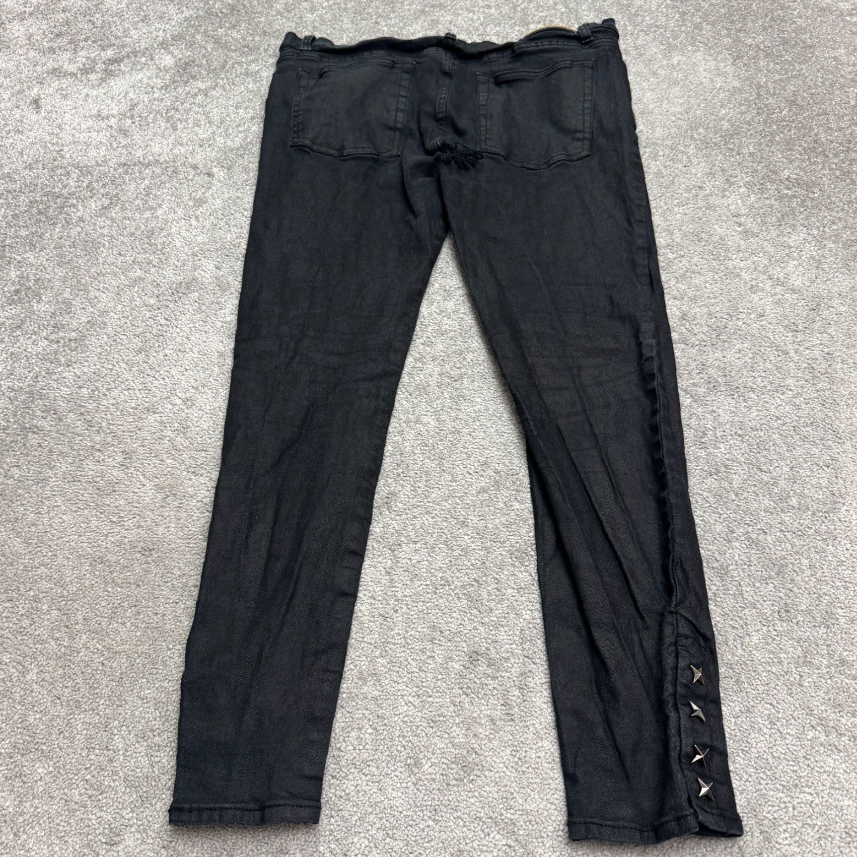 Denime MMML Distressed Skinny Button Fly Denim Jeans Mens 40 Black Star Studded Stretch Size US 40 / EU 56 - 2 Thumbnail