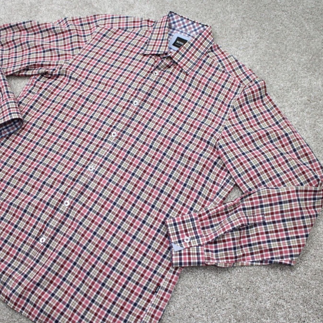 Hugo Boss HUGO BOSS Obert Shirt Mens Medium Red/Pink/Blue/Green Slim Regular Fit Cotton L/S Button-Up Shirt Size US M / EU 48-50 / 2 - 4 Thumbnail