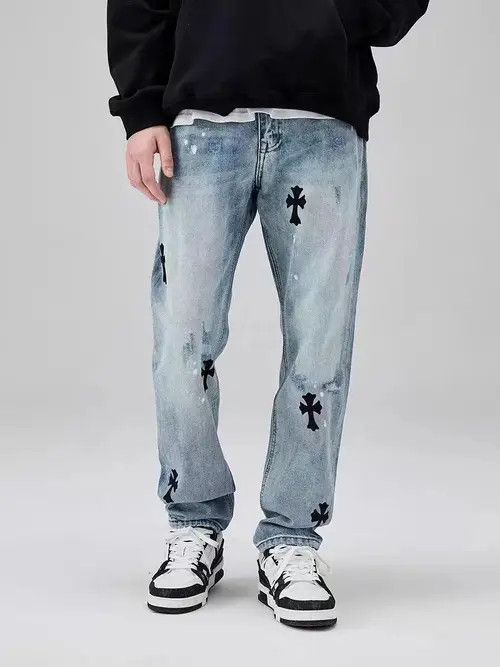 Japanese Brand High Street Washed Distressed Cross Print Straight Leg Jeans Size US 32 / EU 48 - 2 Thumbnail