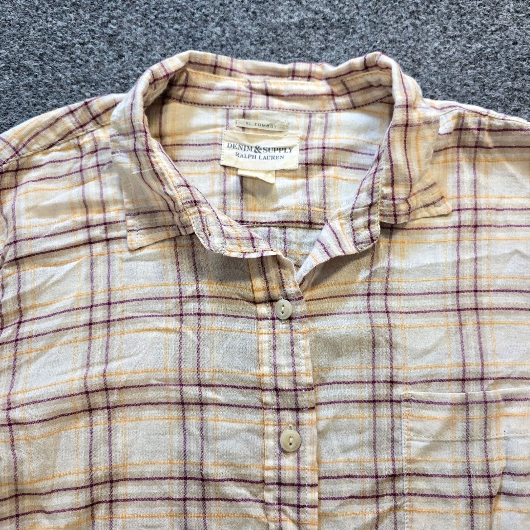 Ralph Lauren DENIM & SUPPLY Ralph Lauren Top Womens Size L Beige Plaid Collared Button-Front Tomboy Fit Casual Blouse Cotton Denim Lightweight Spring Summer Size L / US 10 / IT 46 - 2 Thumbnail