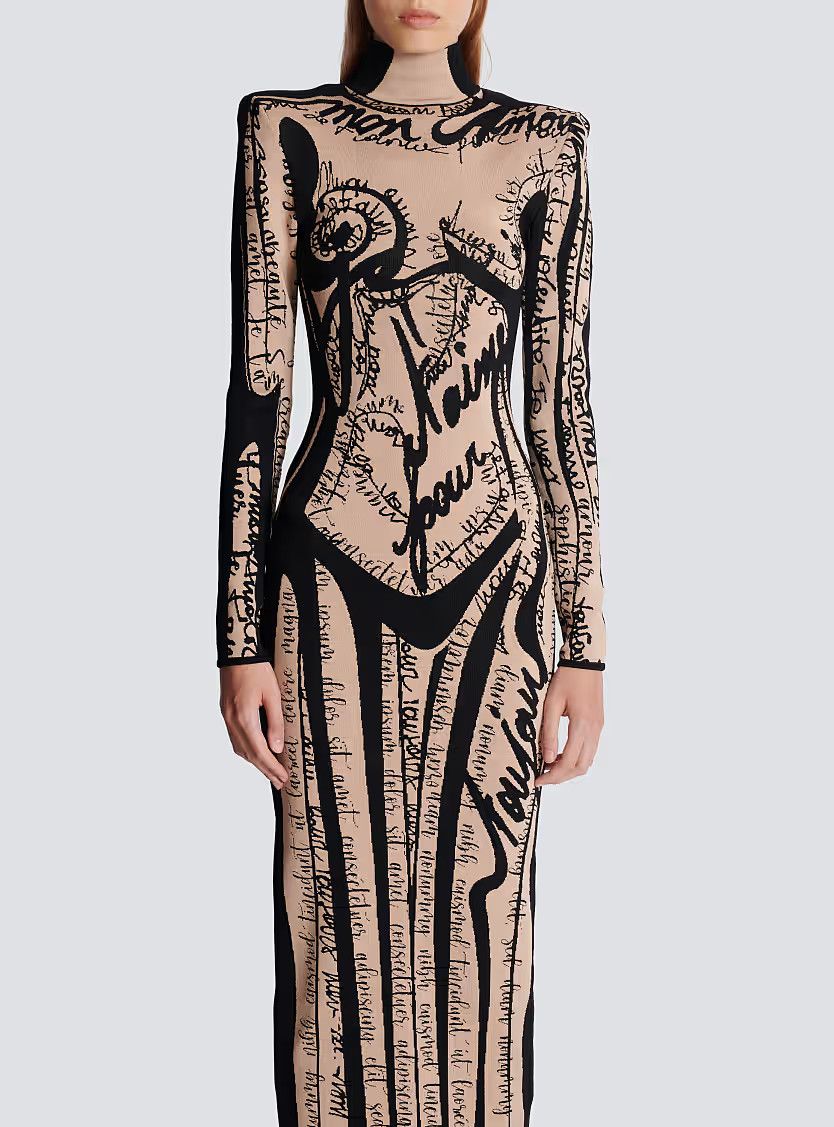 Balmain o1s1wg111225 Long Knit Dress With Body Motif in Beige Size L / US 10 / IT 46 - 4 Thumbnail