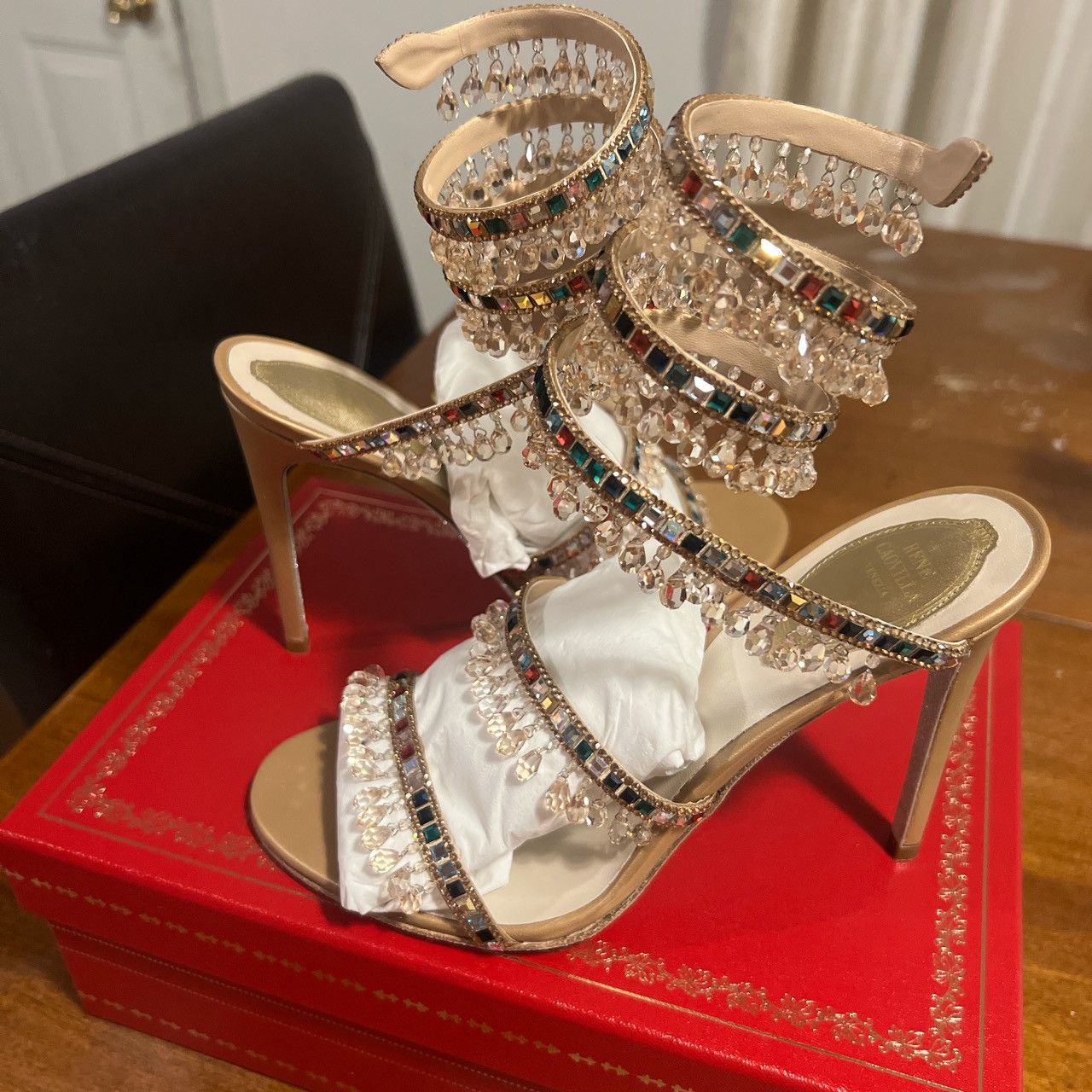 image of Rene Caovilla Chanedelier Multi Color Heel Shoes in Gold, Women's (Size 8)