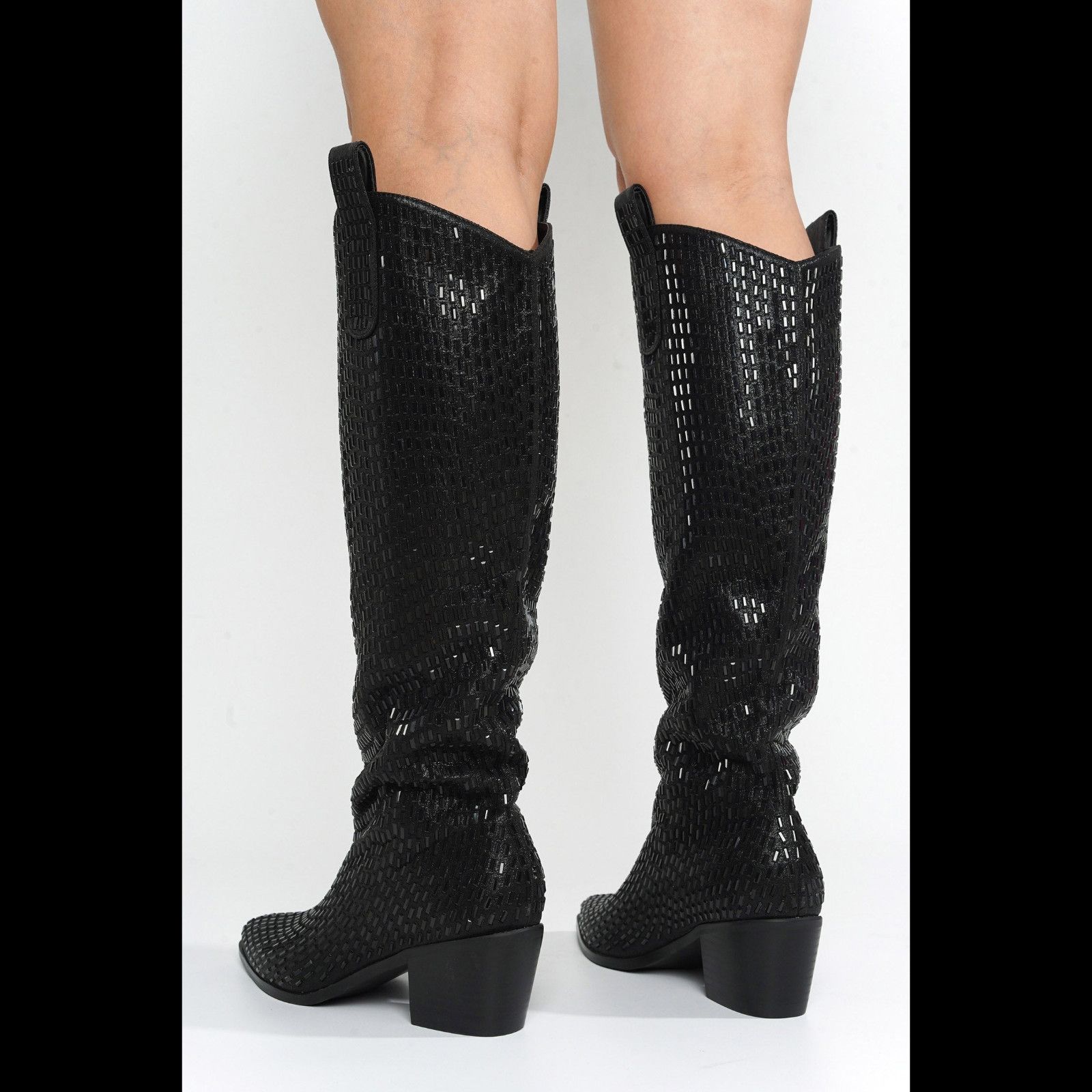 Other Shattered Black Rhinestone Western Cowgirl Knee Boots NEW (U Size US 6.5 / IT 36.5 - 4 Thumbnail