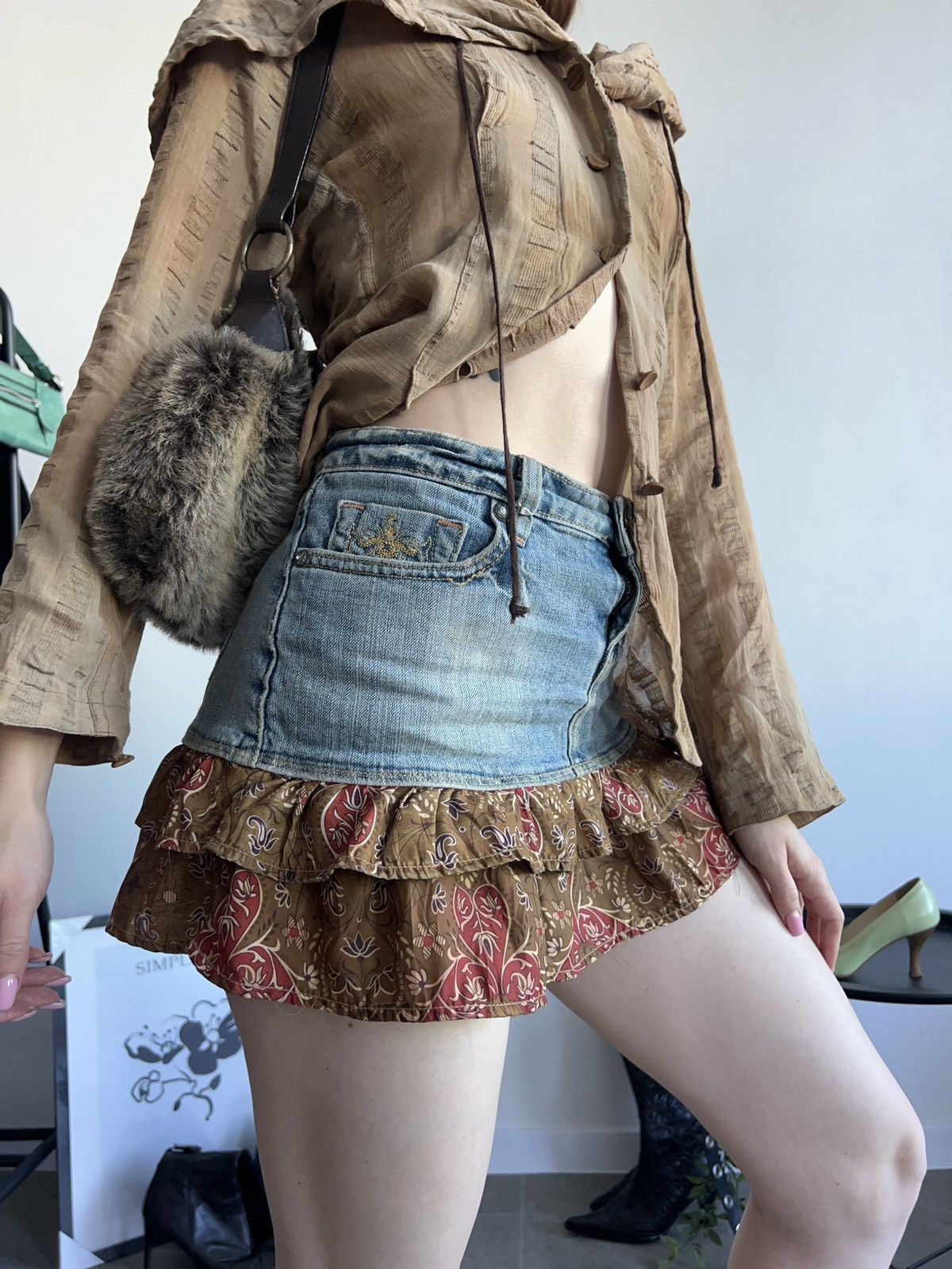 Vintage Y2K Mini Skirt Avant Garde Ruffle Denim Sexy 00s Size 26" / US 2 / IT 38 - 2 Thumbnail
