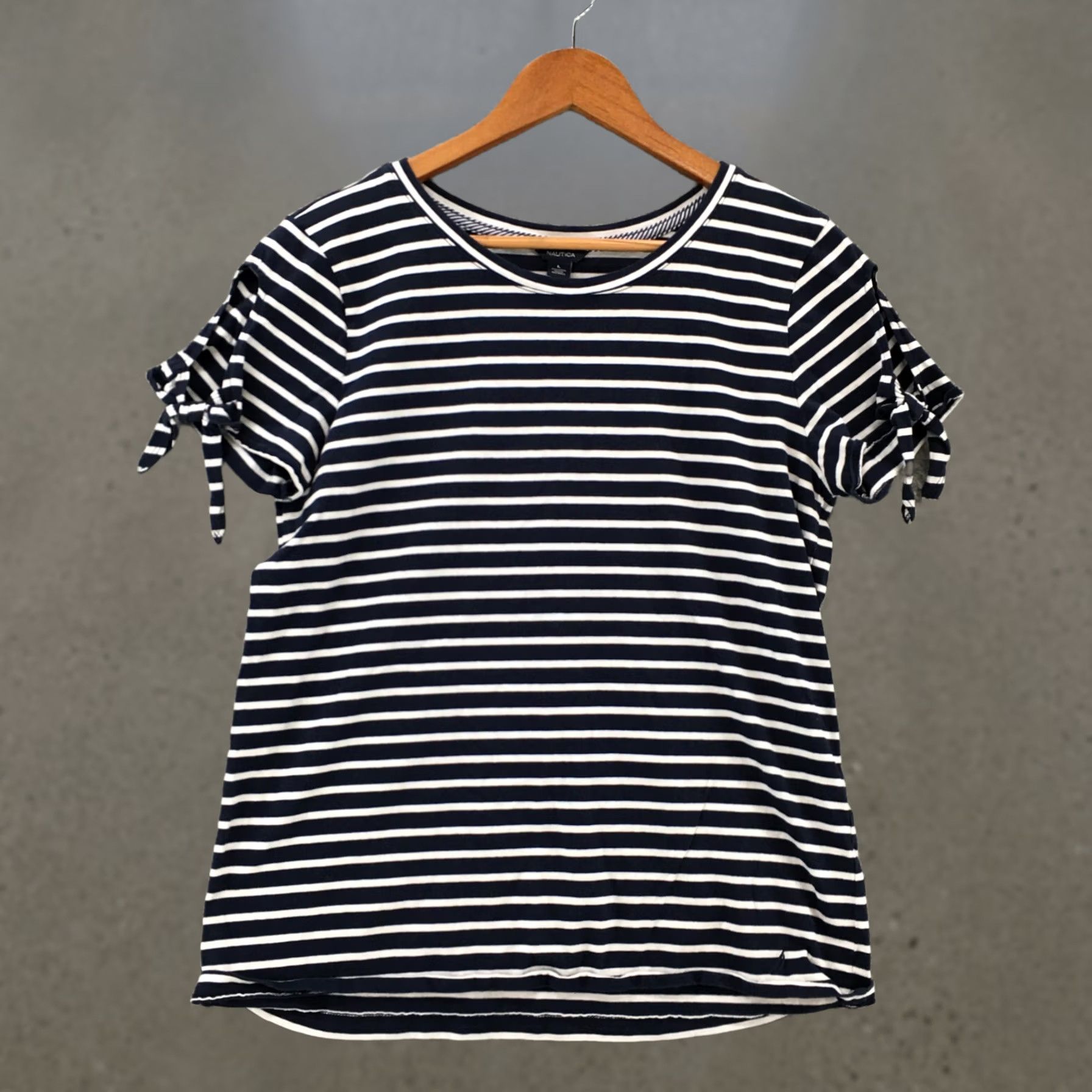 Nautica Nautica Tie Sleeve Blouse Top Womens L Blue Cotton Striped Round Neck Pullover Size L / US 10 / IT 46 - 1 Thumbnail