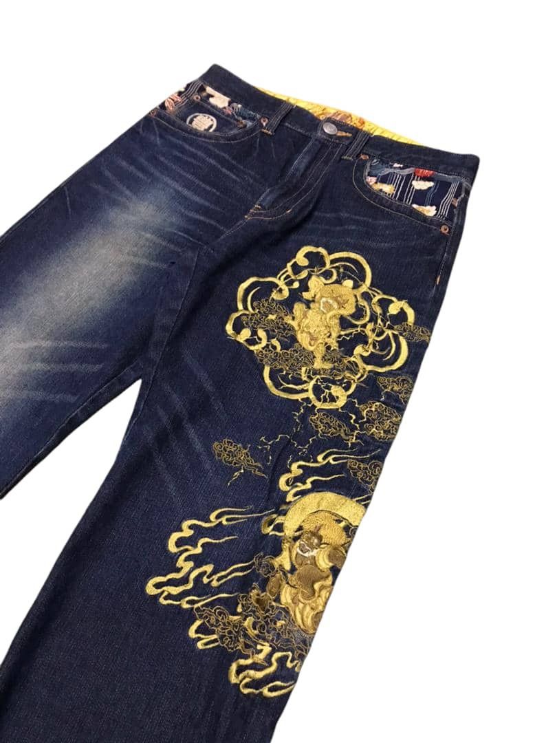 Japanese Brand Crazy🔥🔥 Japanese Motive Sukajan Gold Evil Embroidery Jeans Size US 32 / EU 48 - 3 Thumbnail