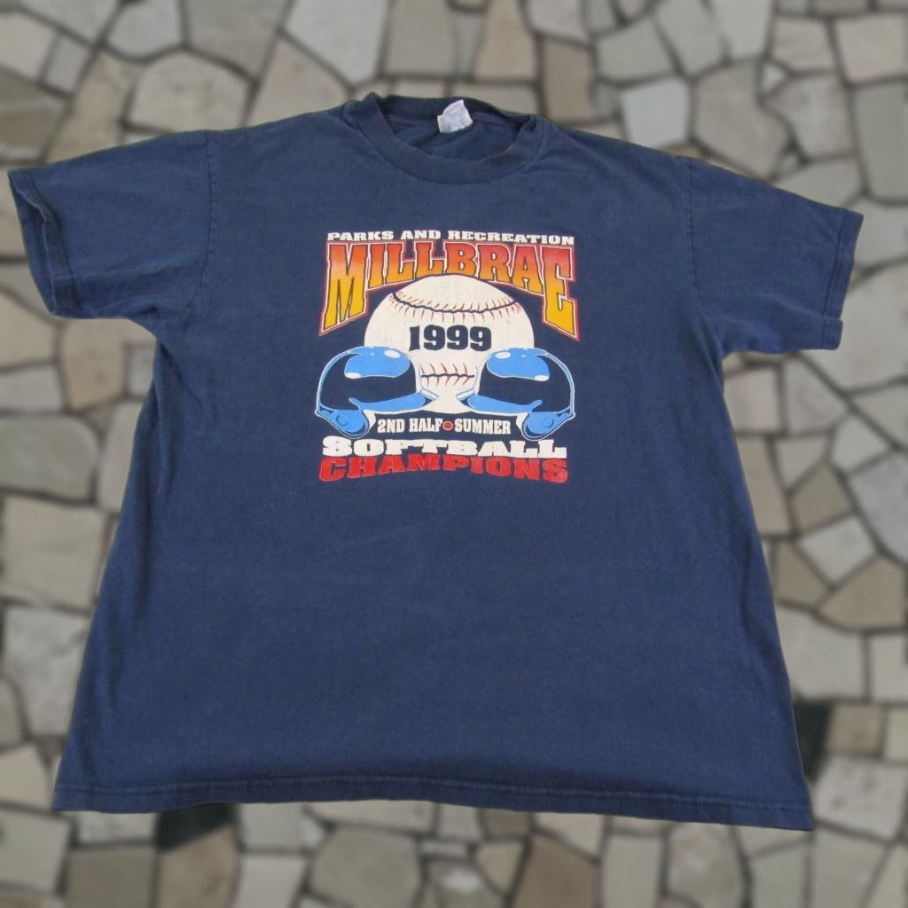 Hanes VINTAGE Hanes Blue Parks And Rec Millbrae 1999 Champions Softball Shirt Mens Large 90s California Sports Shirt Mens L Blue 90s Vintage Size US L / EU 52-54 / 3 - 1 Thumbnail