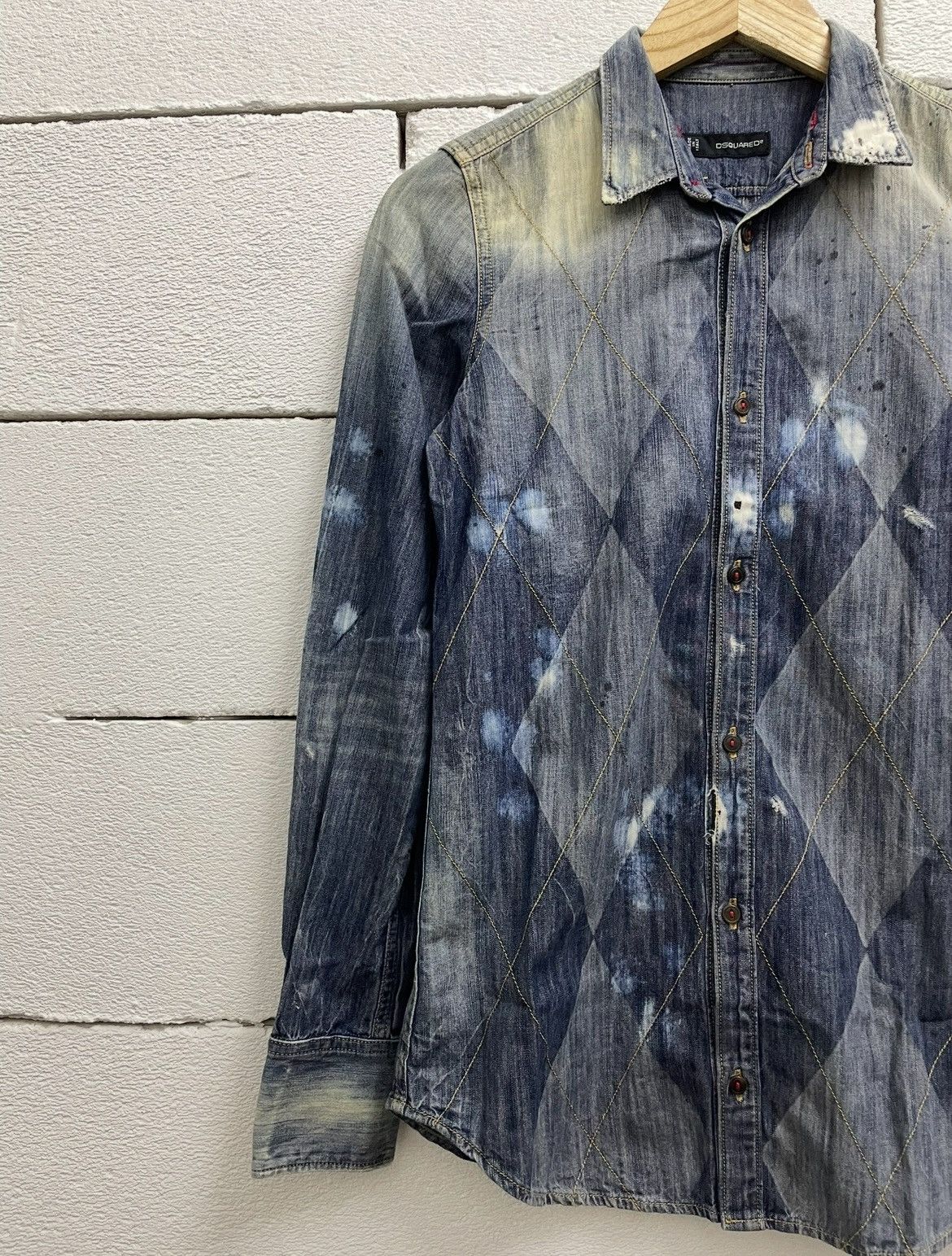 Dsquared2 Rare DSQUARED Denim Shirt Distressed Bleached Argyle Pattern Size M / US 6-8 / IT 42-44 - 2 Thumbnail
