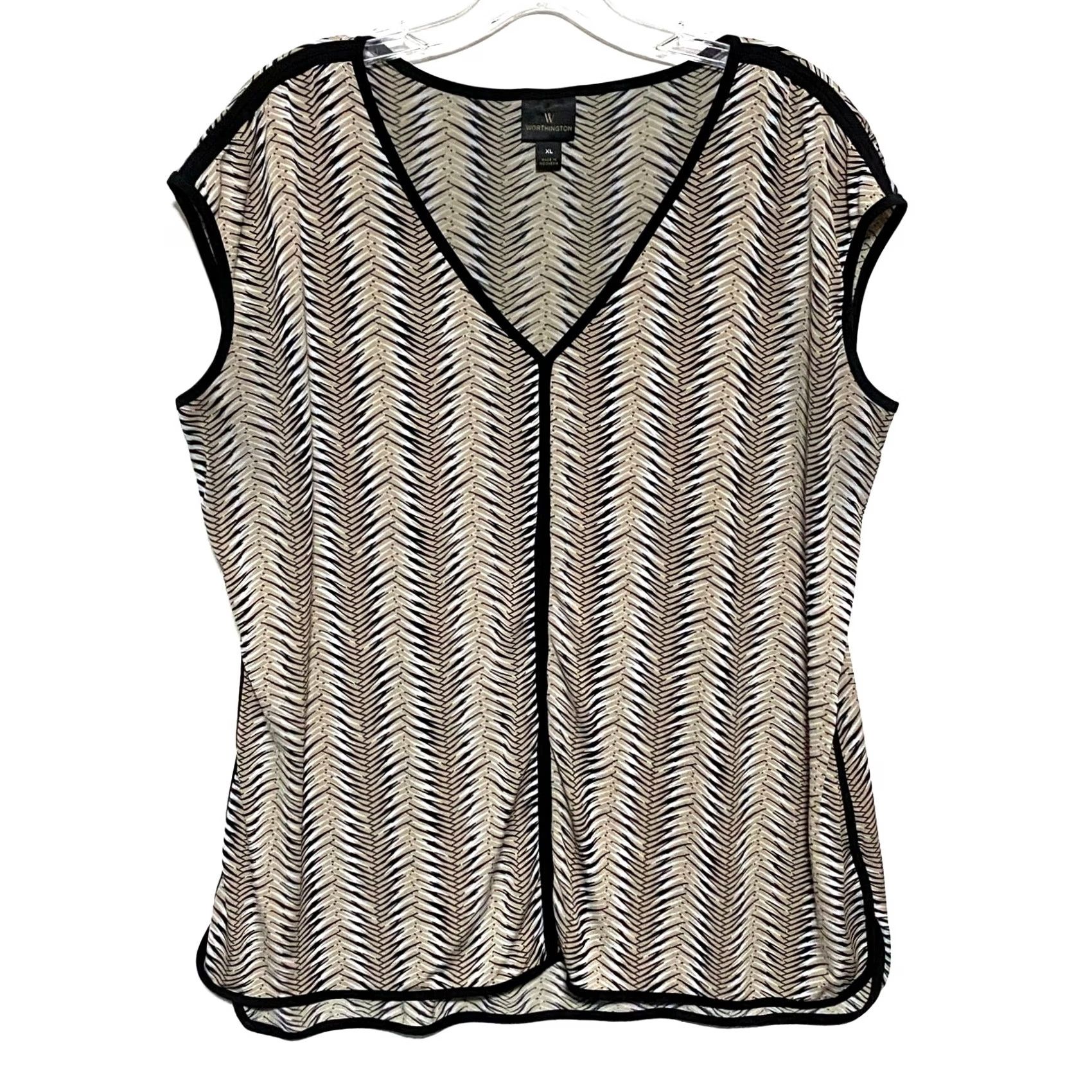 Worthington Worthington V Neck Sleeveless Blouse XL Tan Geometric Artsy Career Boho Shirt Women Size XL / US 12-14 / IT 48-50 - 2 Thumbnail