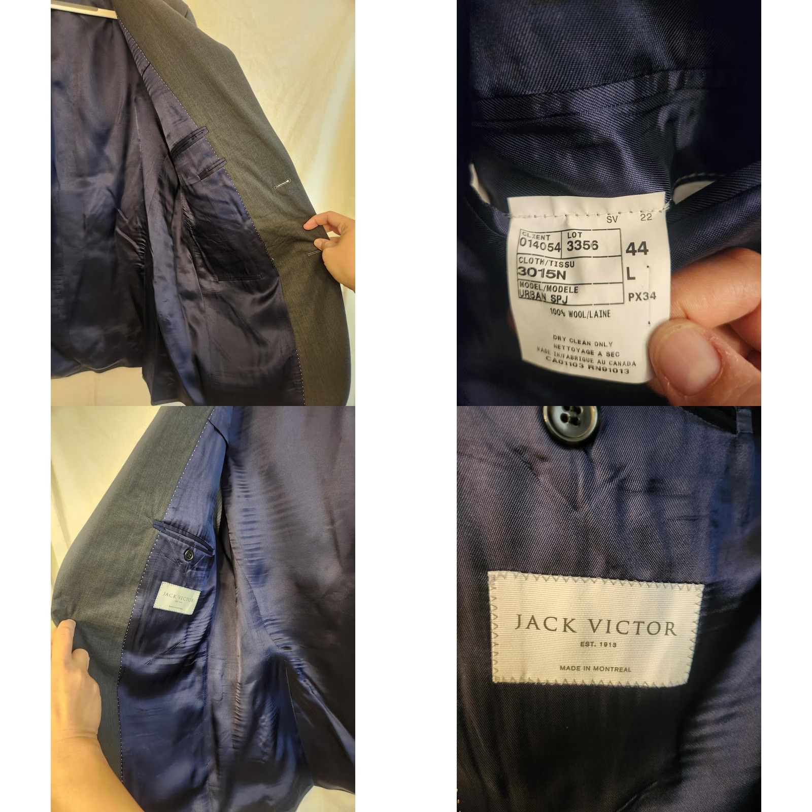 Jack Victor Jack Victor Suit Jacket Mens 44L Gray Wool 2 Button Long Made Canada Urban SPJ Size 44R - 9 Thumbnail