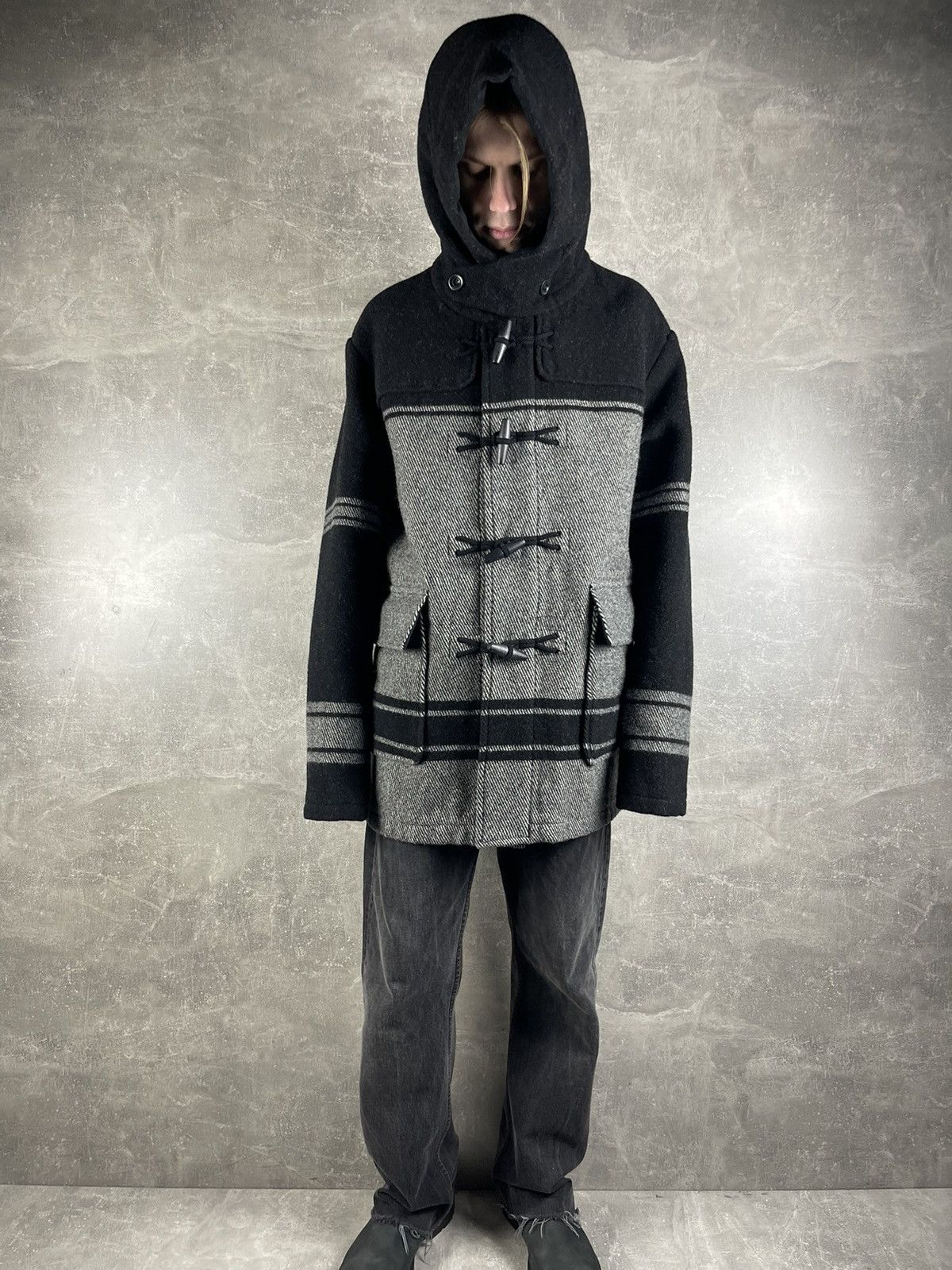 C.P. Company C.P. Company Wool C.P. Duffel Hooded Coat Black Grey Stripe Size US L / EU 52-54 / 3 - 4 Thumbnail
