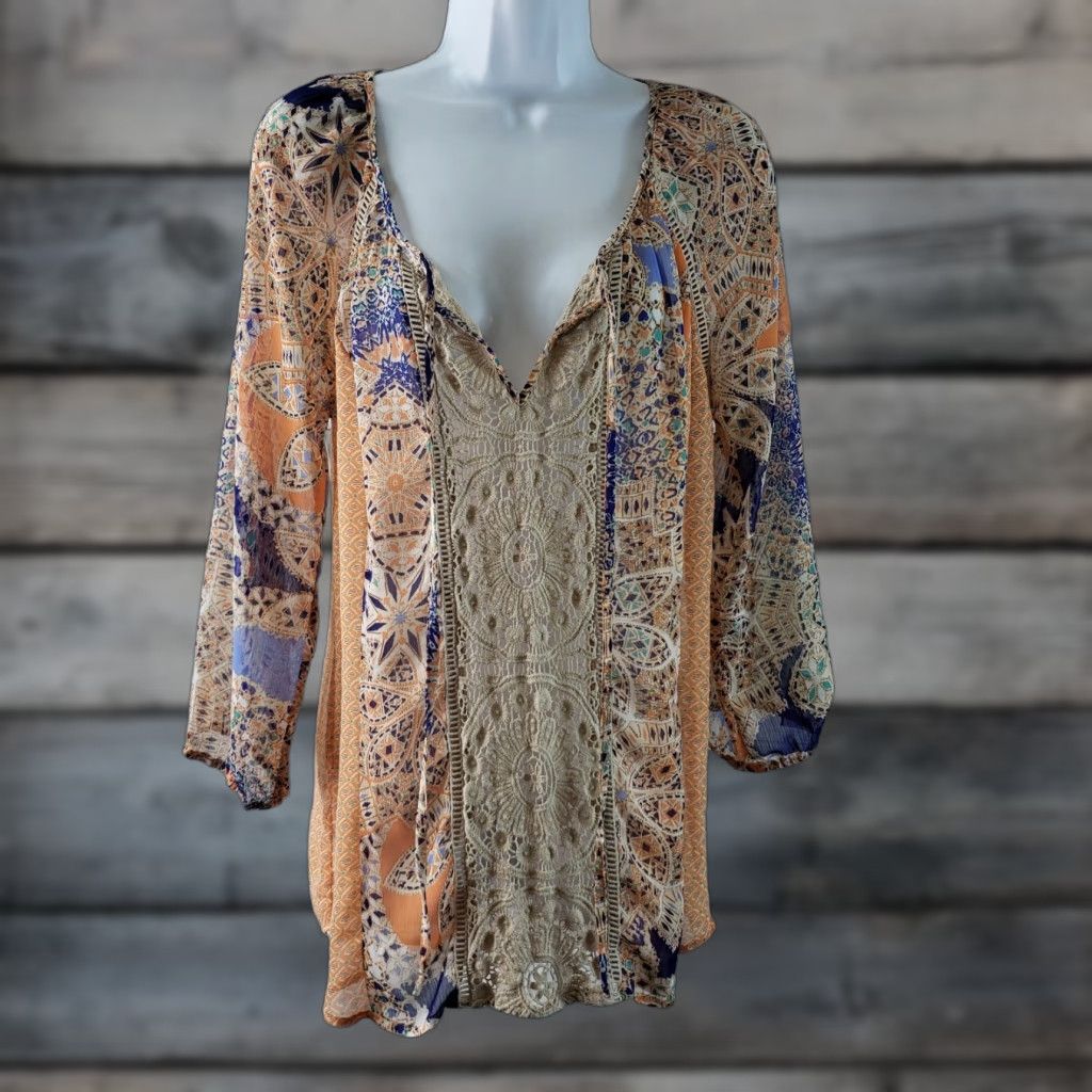Vintage Meadow Rue Womens Top Blouse 3/4 Sleeve M Medium Orange Blue Floral Sheer Crochet Size M / US 6-8 / IT 42-44 - 1 Thumbnail