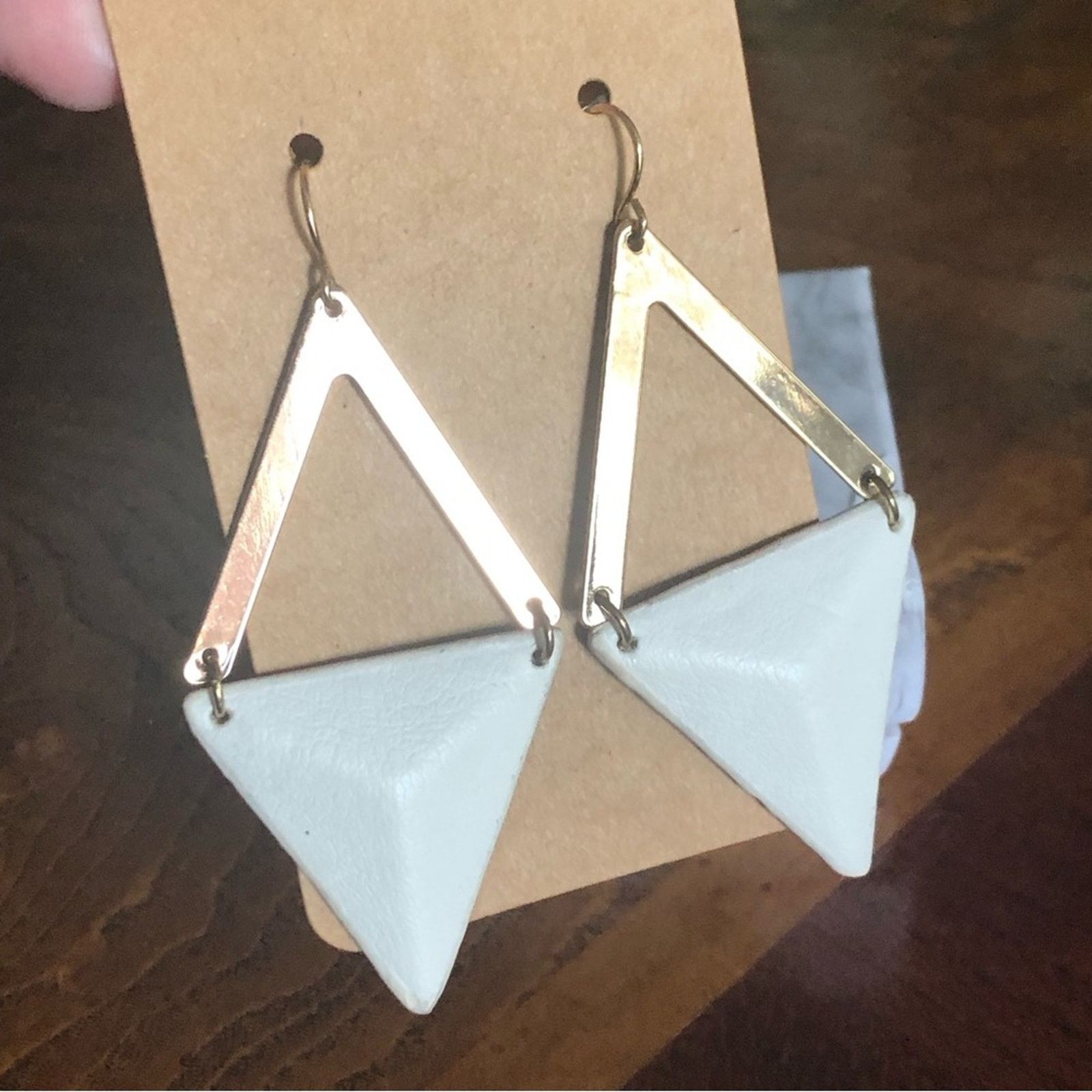 Jewelry Shiny Gold Plated Triangular Genuine White Leather Earrings, Women's