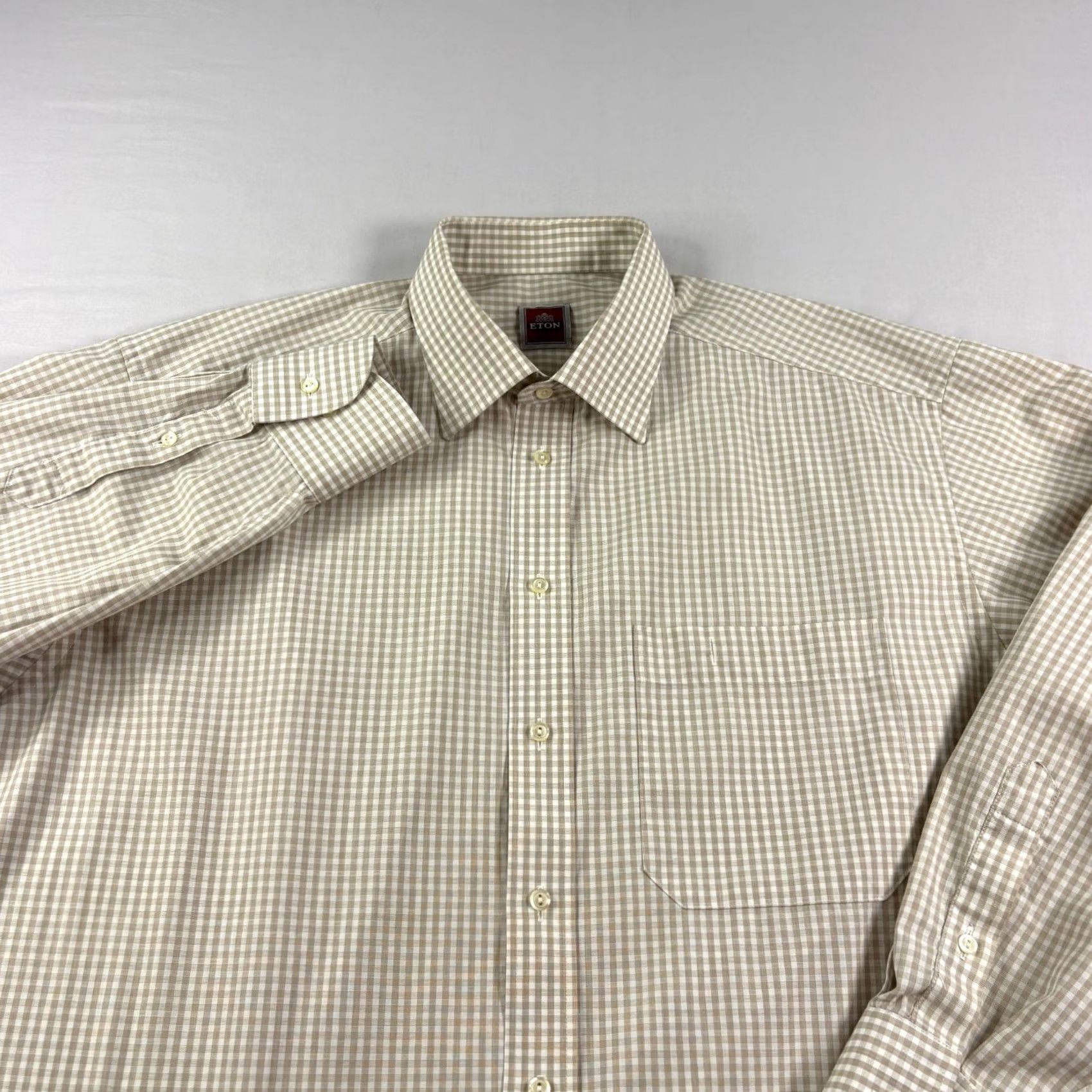 Eton VINTAGE Eton Shirt Mens 43 17 Beige Checkered Button Up Long Sleeve Formal Casual Size 46R - 2 Thumbnail