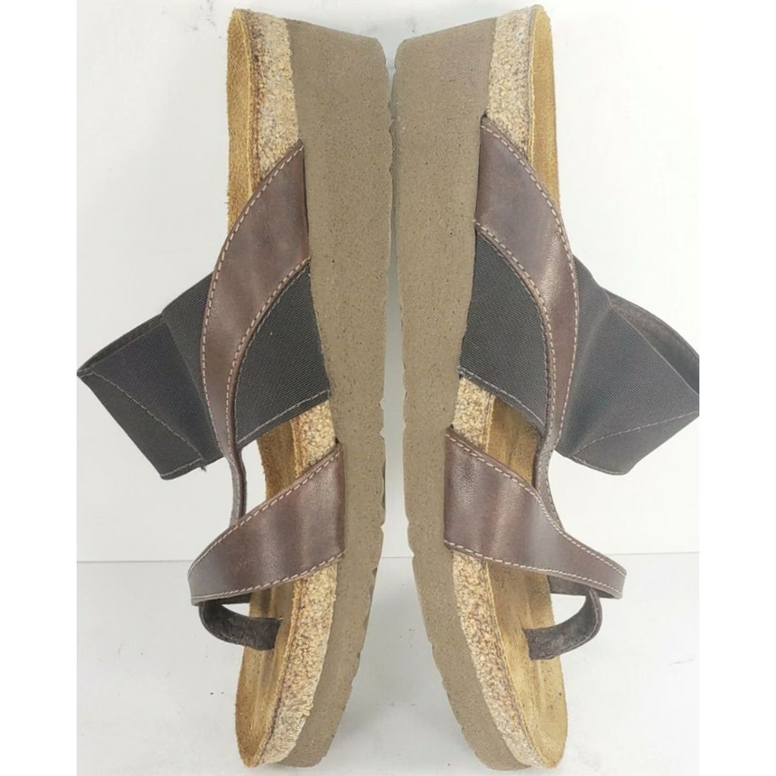 Vintage Naot Orion Brown Leather Fabric Elastic Thong Sandals Isreal Women’s 5M/36E EUC Size US 5 / IT 35 - 7 Thumbnail