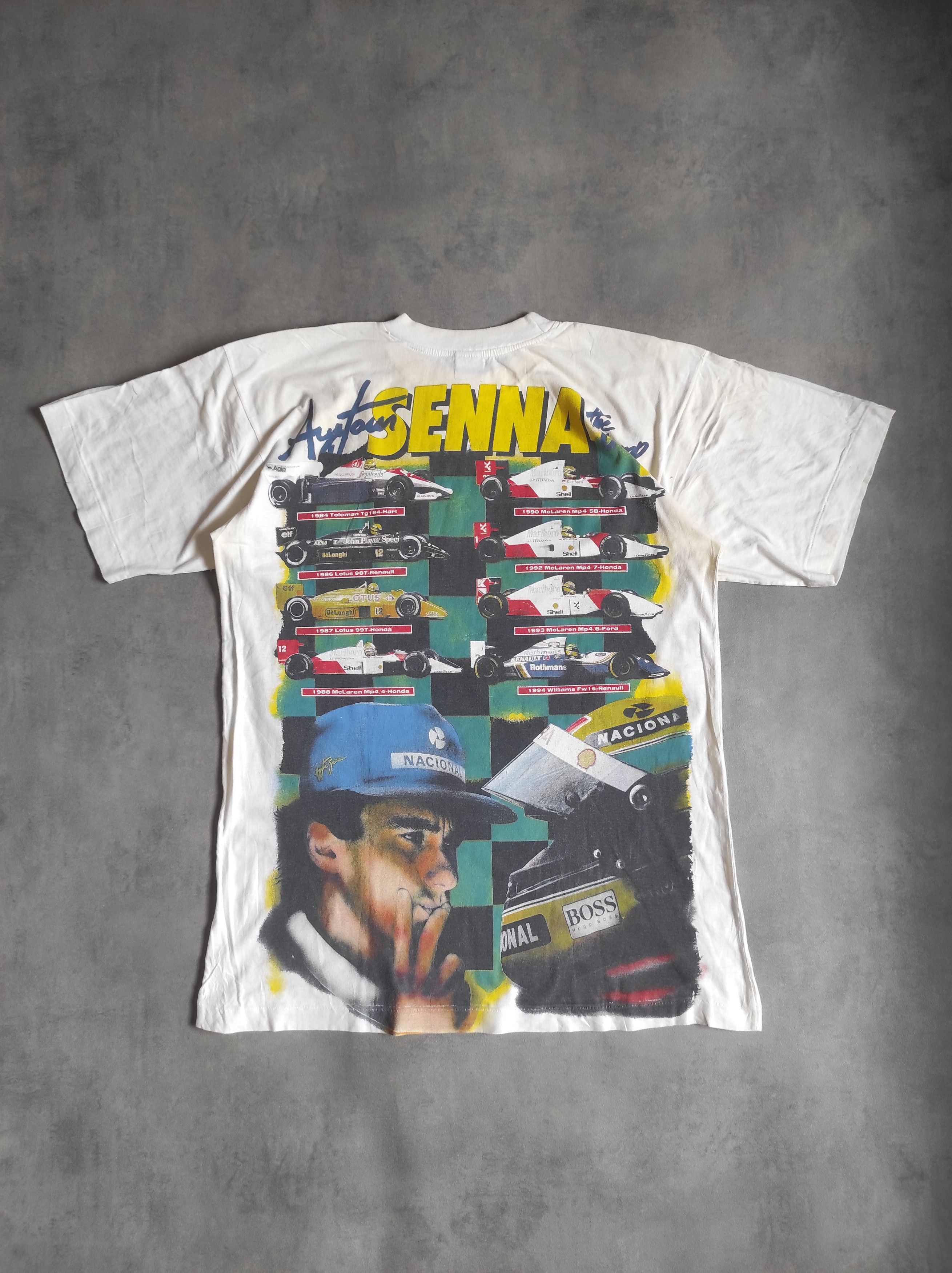 Vintage Vintage 90s Ayrton Senna Single Stitch Tee F1 Racing Size US L / EU 52-54 / 3 - 4 Thumbnail
