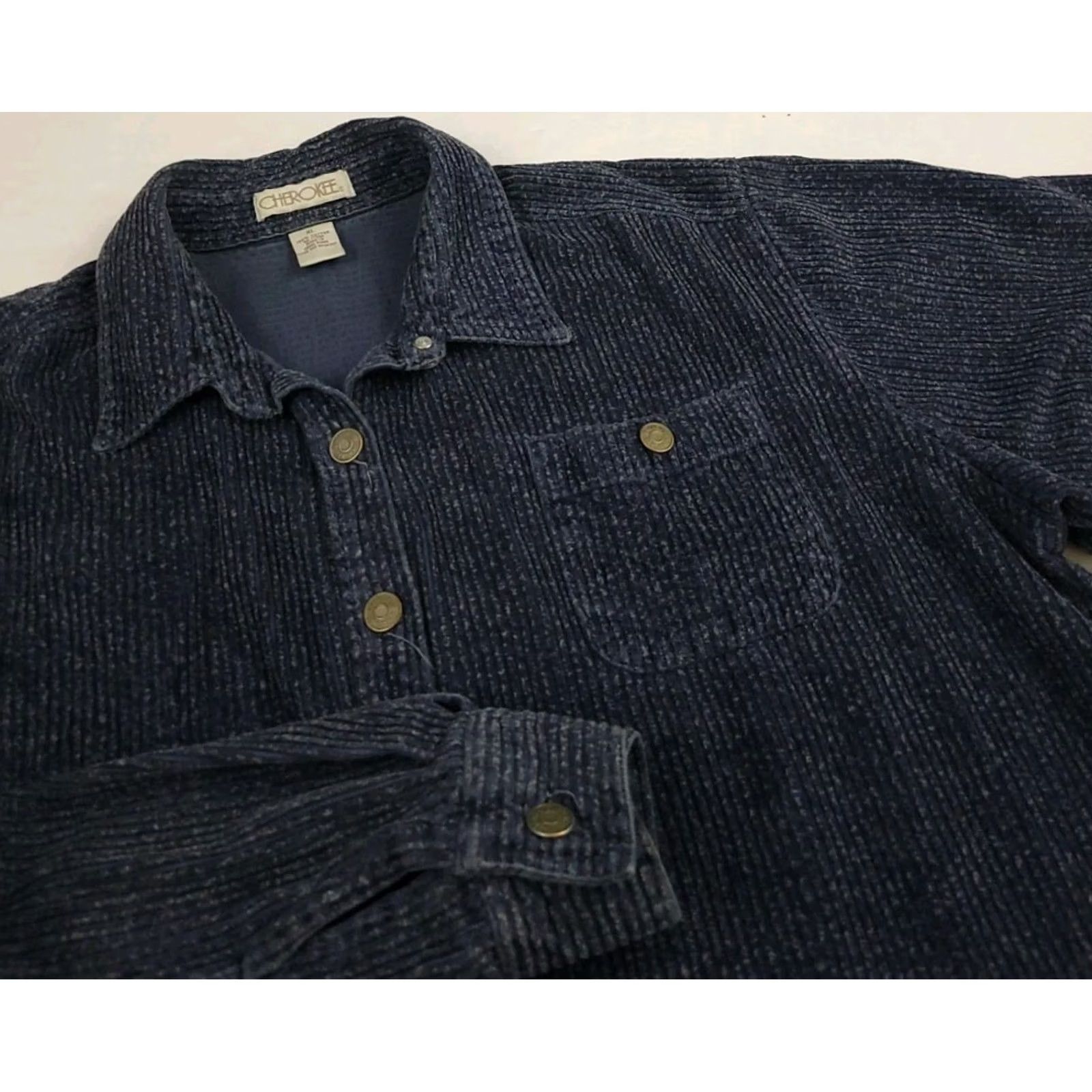 Cherokee VINTAGE Cherokee Dark Blue Corduroy Shirt Jacket Metal Buttons USA XL Womens Button-Up Jacket Size XL / US 12-14 / IT 48-50 - 3 Thumbnail