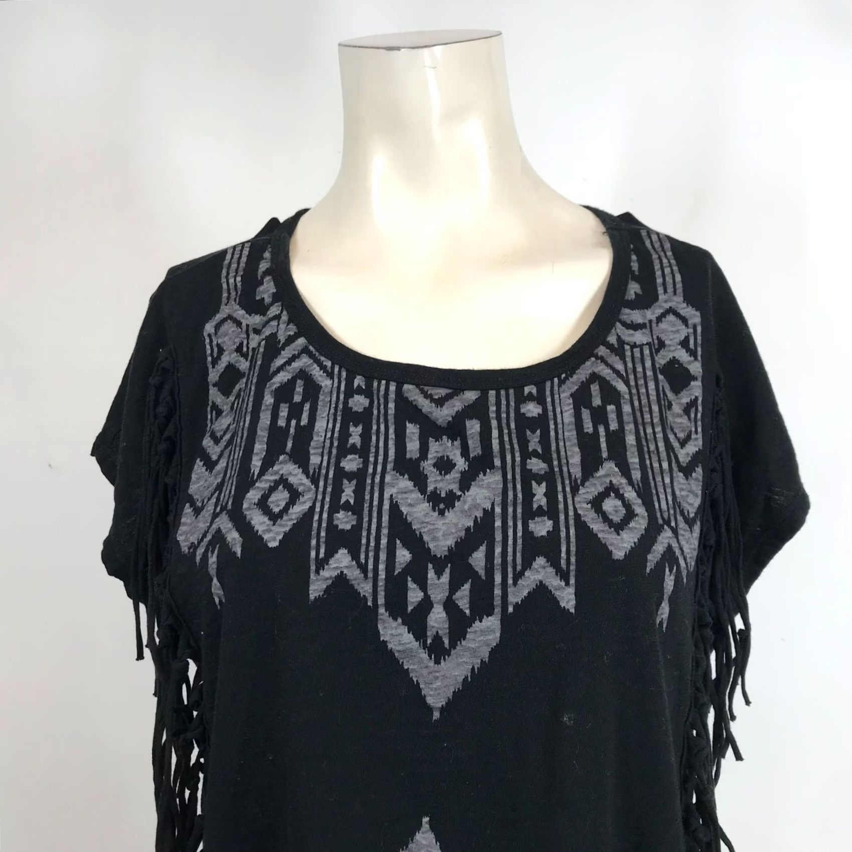 Vintage BONGO Women's Large Black Cotton Aztec Fringe Top Shirt Size L / US 10 / IT 46 - 2 Thumbnail