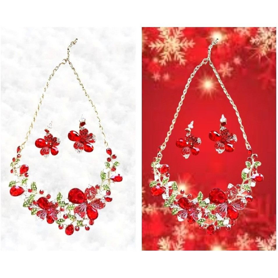 Handmade Red Floral Crystal Necklace Earrings Set New Christmas Jewel Size ONE SIZE - 1 Thumbnail