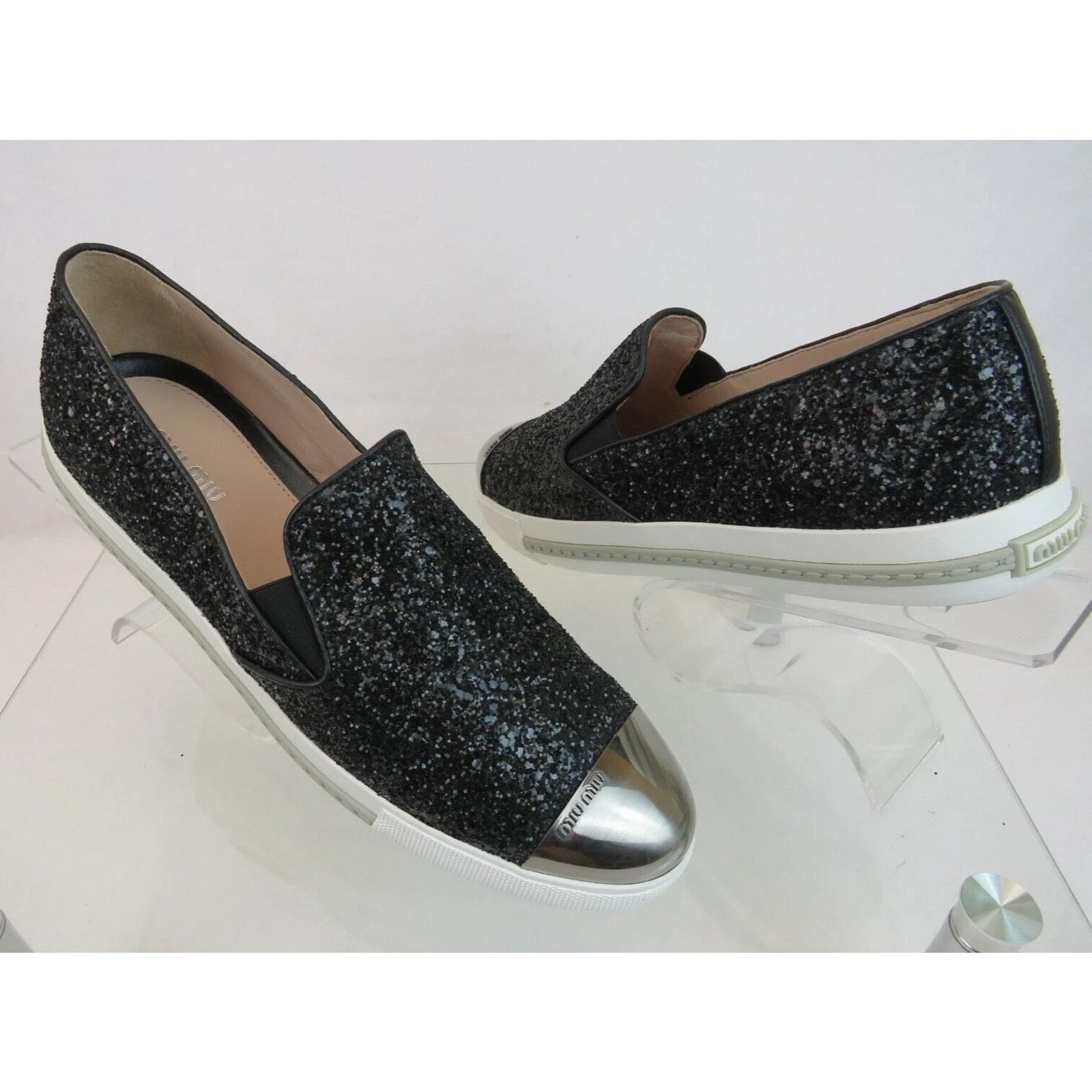 Miu Miu NIB MIU MIU PRADA 5S9 BLACK GLITTER LOGO LOAFERS SNEAKERS 41 Size US 11 / IT 41 - 4 Thumbnail
