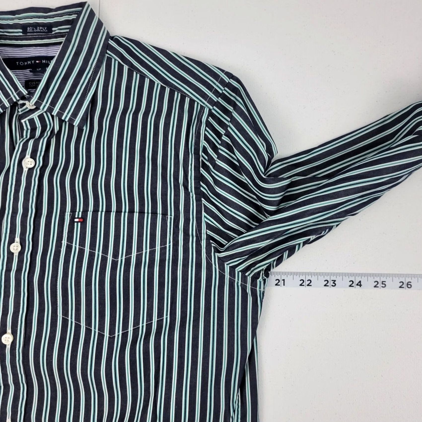 Tommy Hilfiger VINTAGE Tommy Hilfiger Dress Shirt S Green Striped 80s Mens Short Sleeve Button-Front Custom Fit T51 Size 36R - 5 Thumbnail