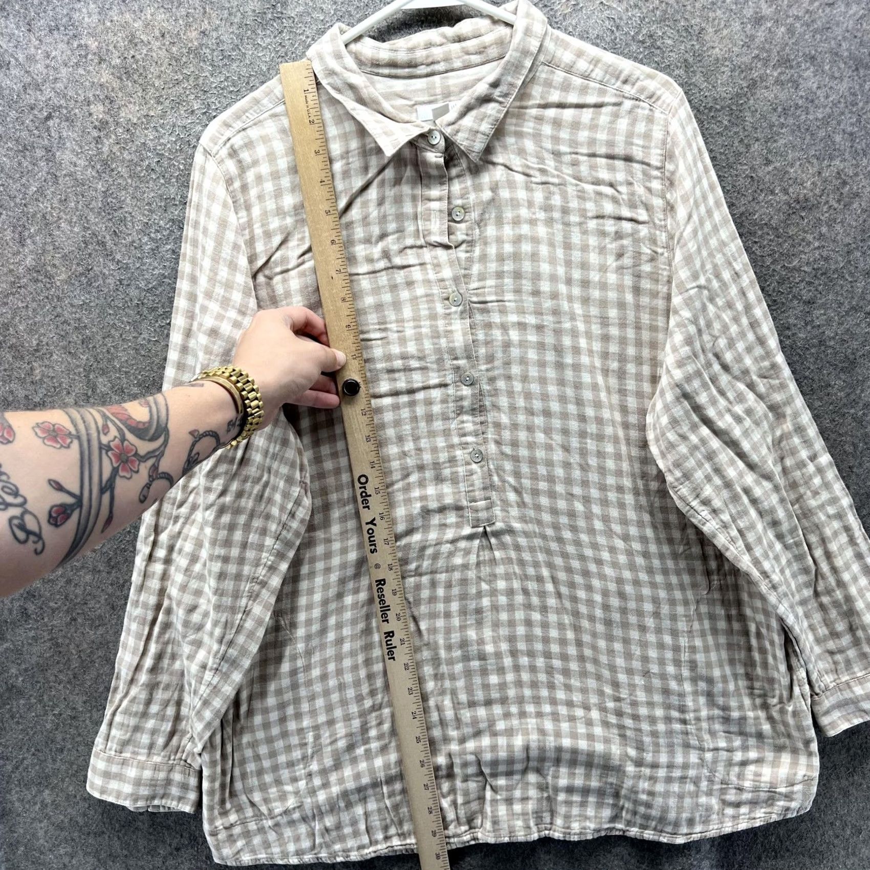 J. Jill J. Jill Shirt Womens XL Beige Check Button Front Tunic Blouse 100% Cotton Size XL / US 12-14 / IT 48-50 - 7 Thumbnail