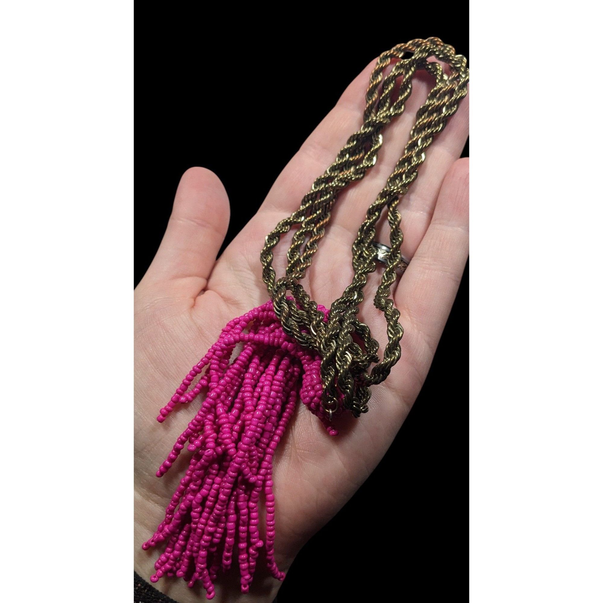 Other Pink Glass Beaded Fringe End Gold Tone Chain Wrap Necklace Size ONE SIZE - 4 Thumbnail