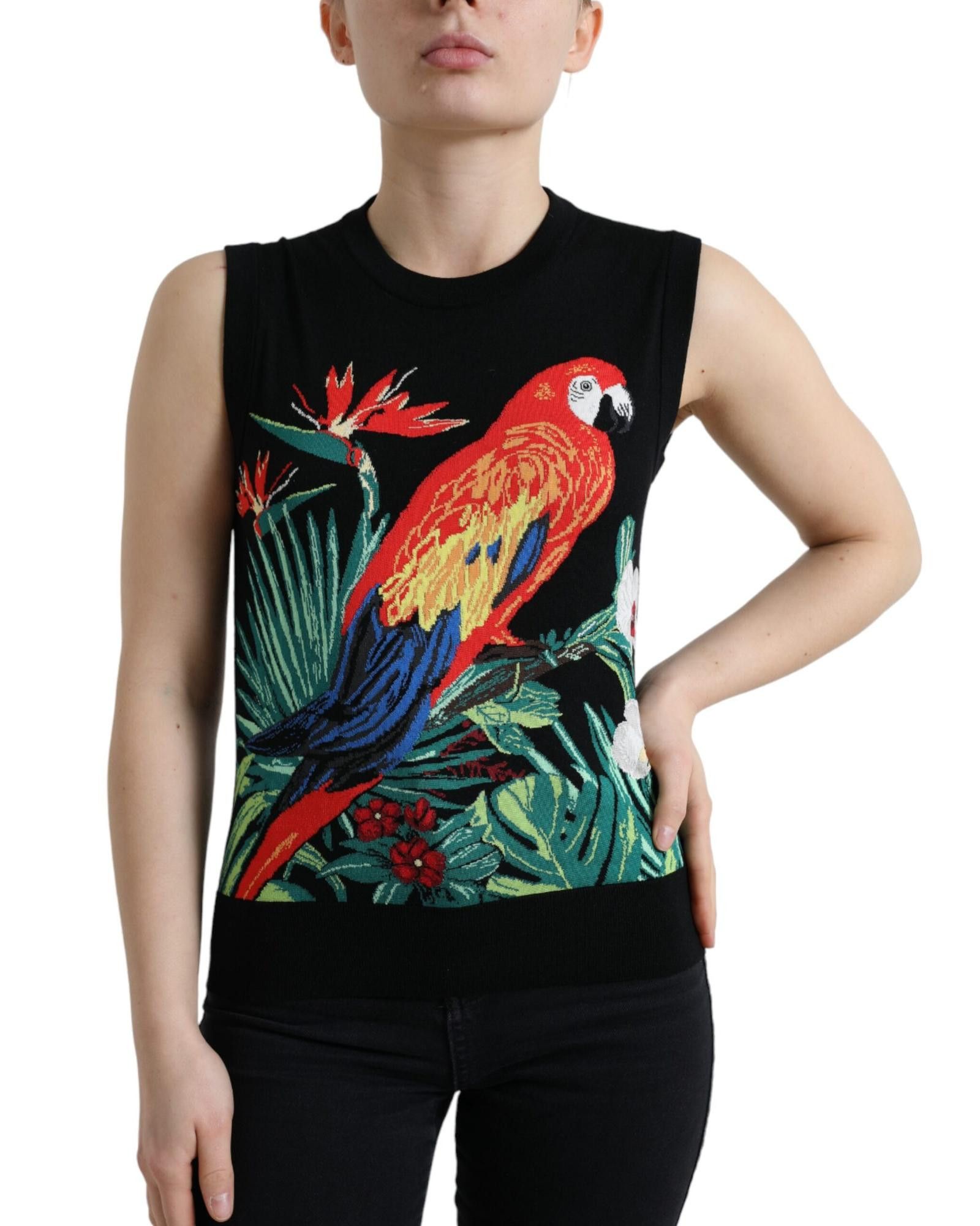 Image of Dolce Gabbana Wool Knit Sleeveless Tank With Bird Embroidery in Black, Women's (Size XS)