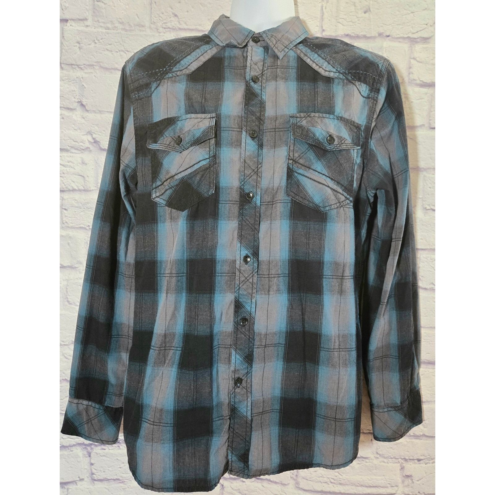 Other Rerun Blue Black Plaid Button Roll Tab Sleeves Shirt Medium Size US M / EU 48-50 / 2 - 1 Thumbnail
