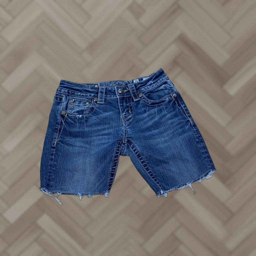 Miss Me Miss Me Cut Off Shorts Womens 26 Denim Rhinestone Cross Raw Hem City Grunge Bedazzled Vintage No Size 26" / US 2 / IT 38 - 1 Thumbnail