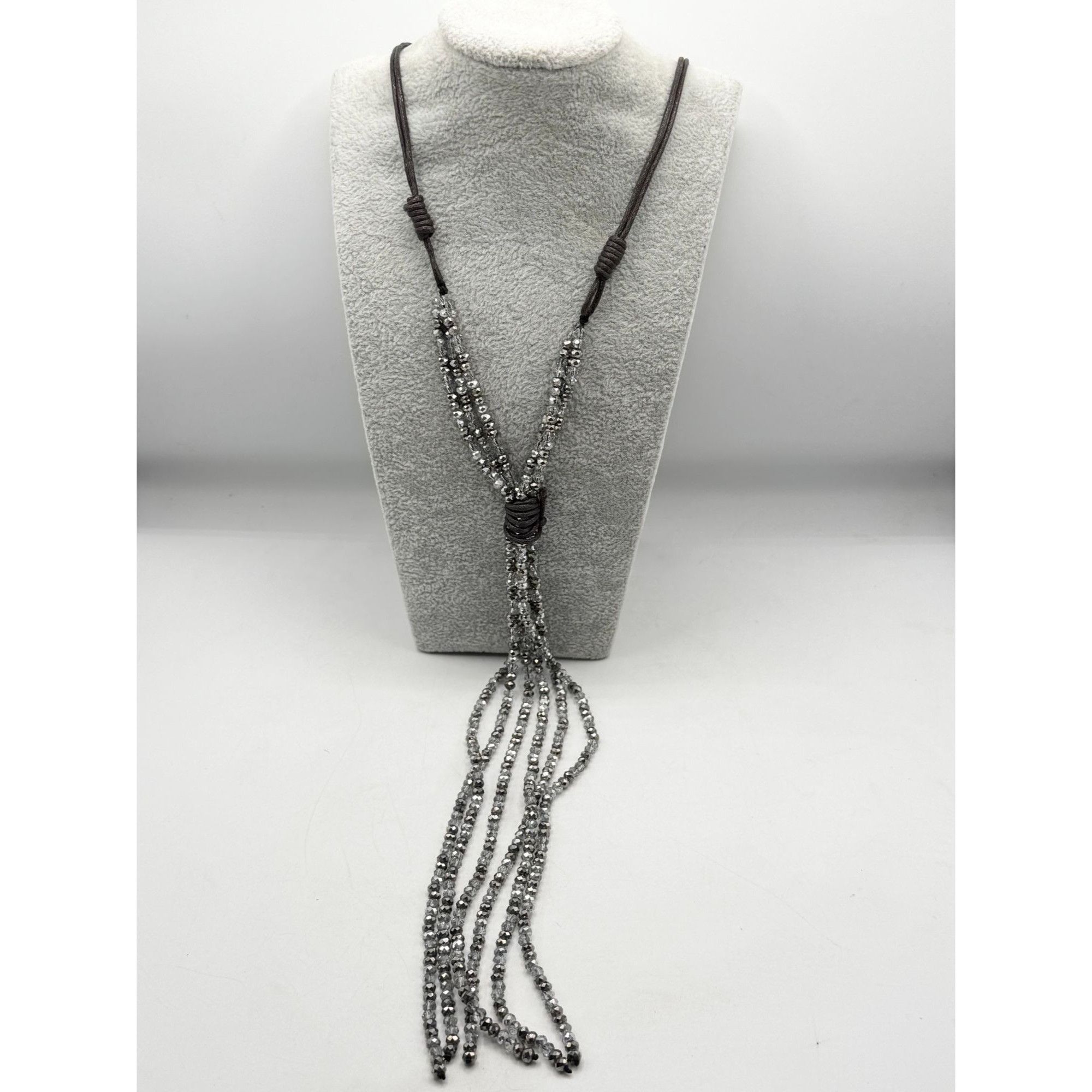 Vintage Gray Crystal Beaded Tassel Leather Necklace Size ONE SIZE - 4 Thumbnail